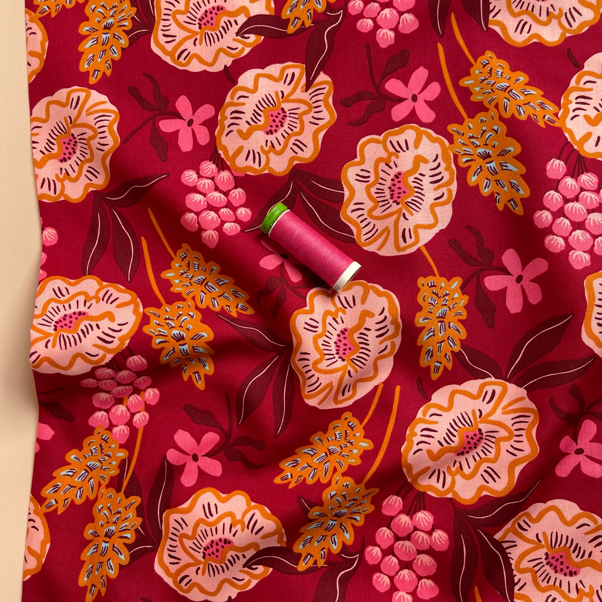 Nerida Hansen - Fresh Flowers on Red Cotton Poplin Fabric