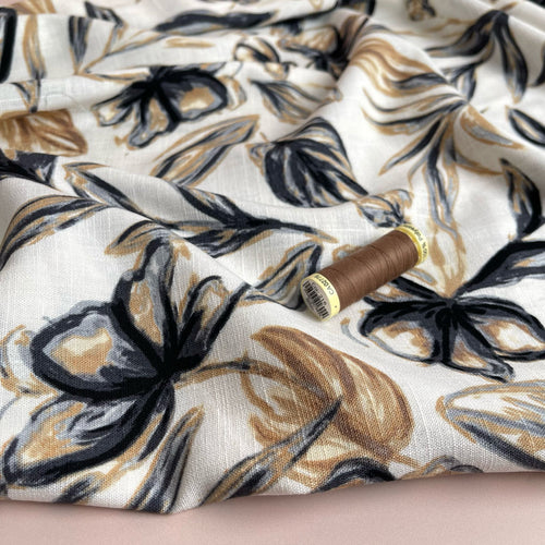 REMNANT 1 Metre - Beige Flowers Linen Viscose Blend Fabric