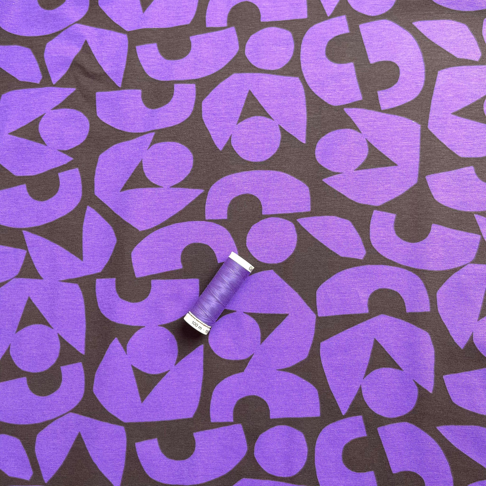 Purple Shapes on Brown Combed Cotton Jersey Fabric
