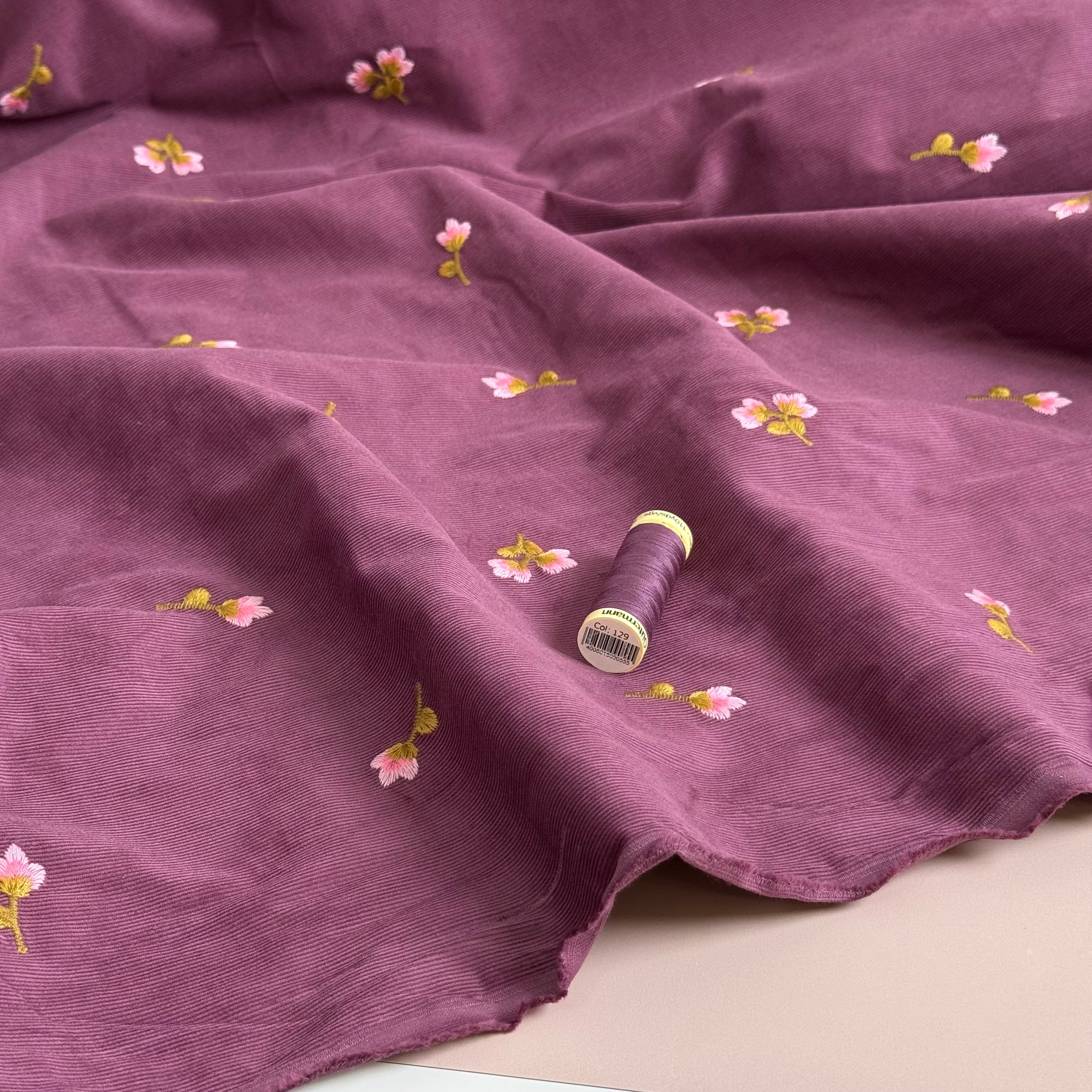 Embroidered Flowers on Plum Cotton Needlecord