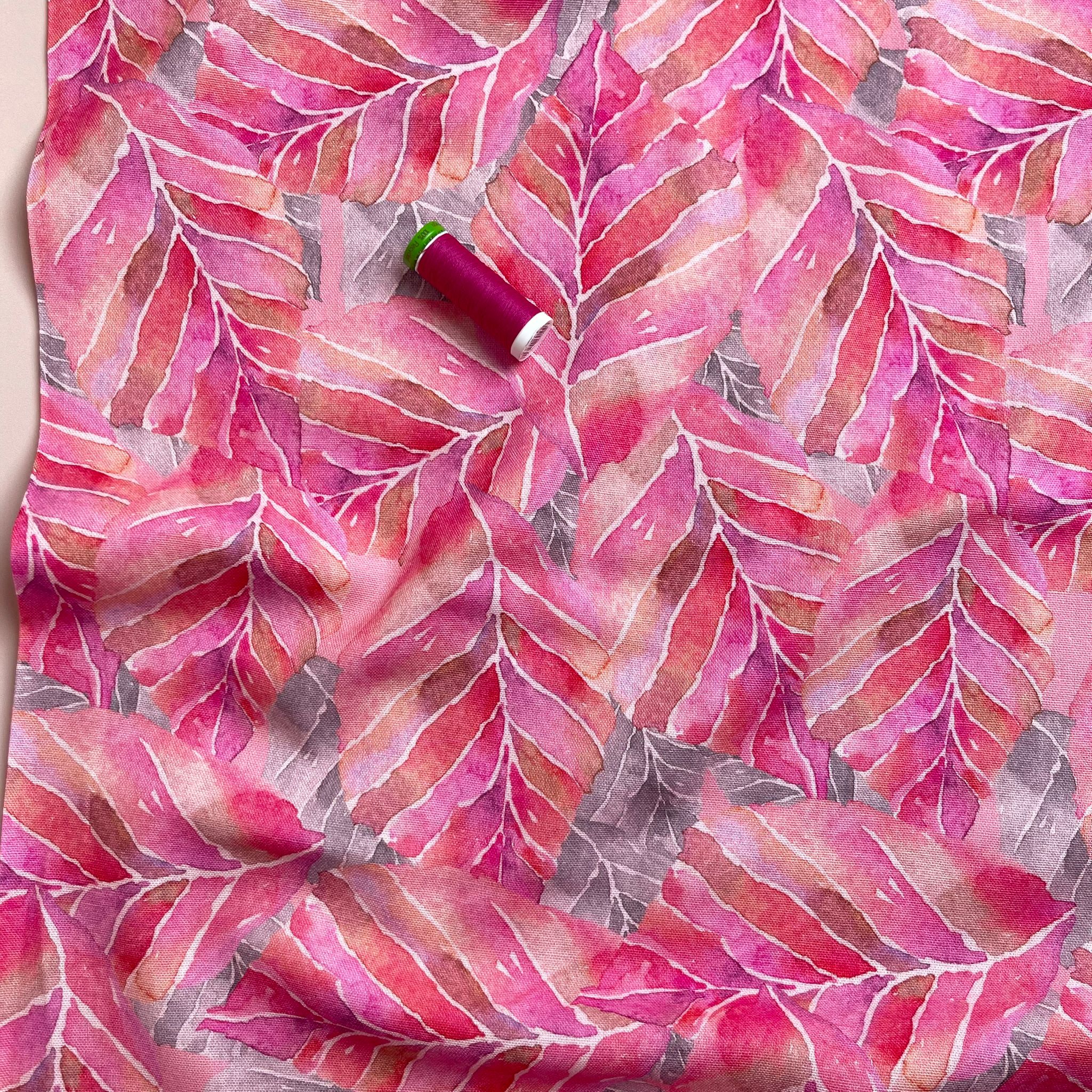 Fuchsia Leaves Viscose Linen Fabric