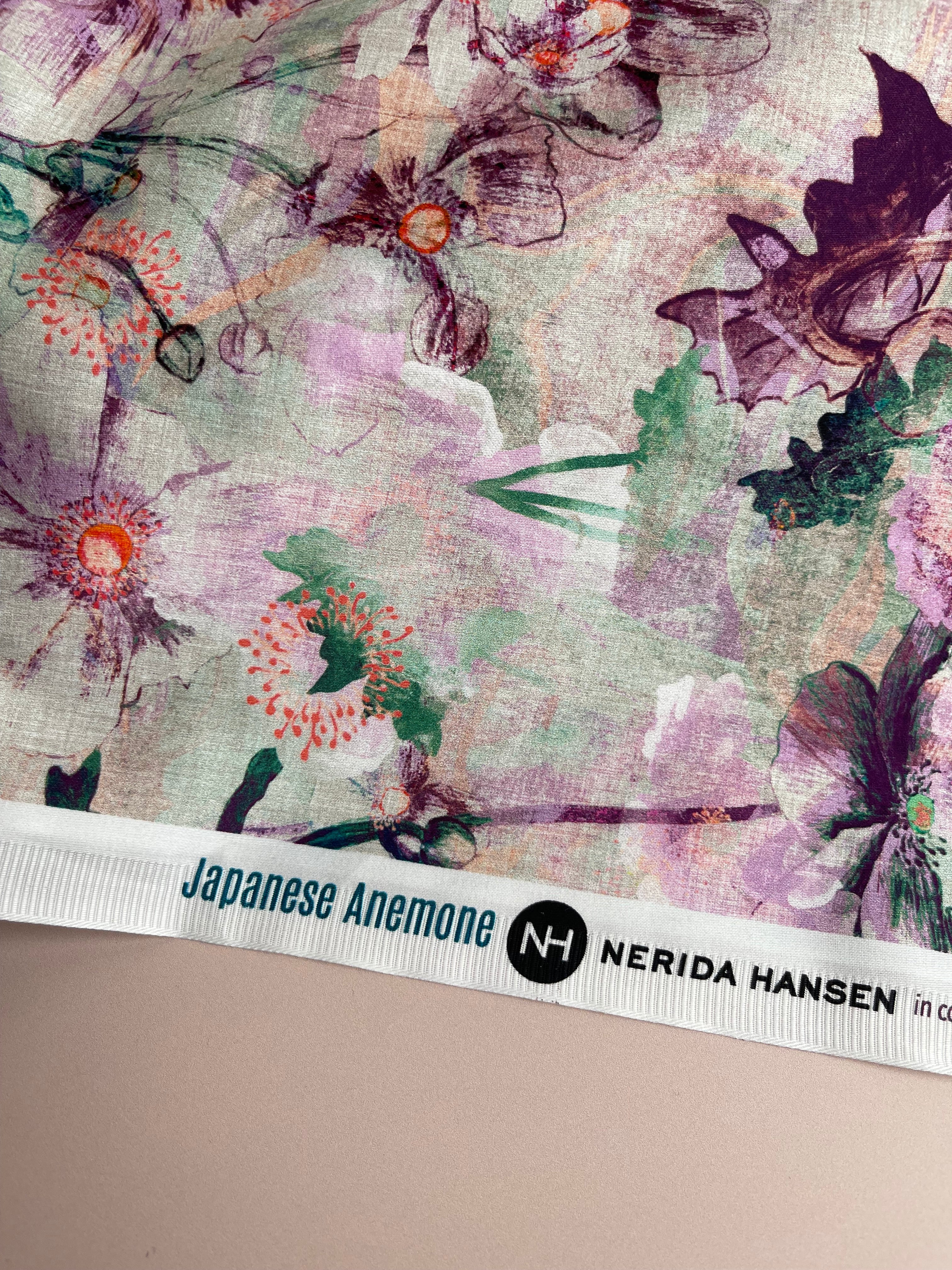 REMNANT 0.62 Metre - Nerida Hansen - Japanese Anemone Lilac Cotton Sateen Fabric