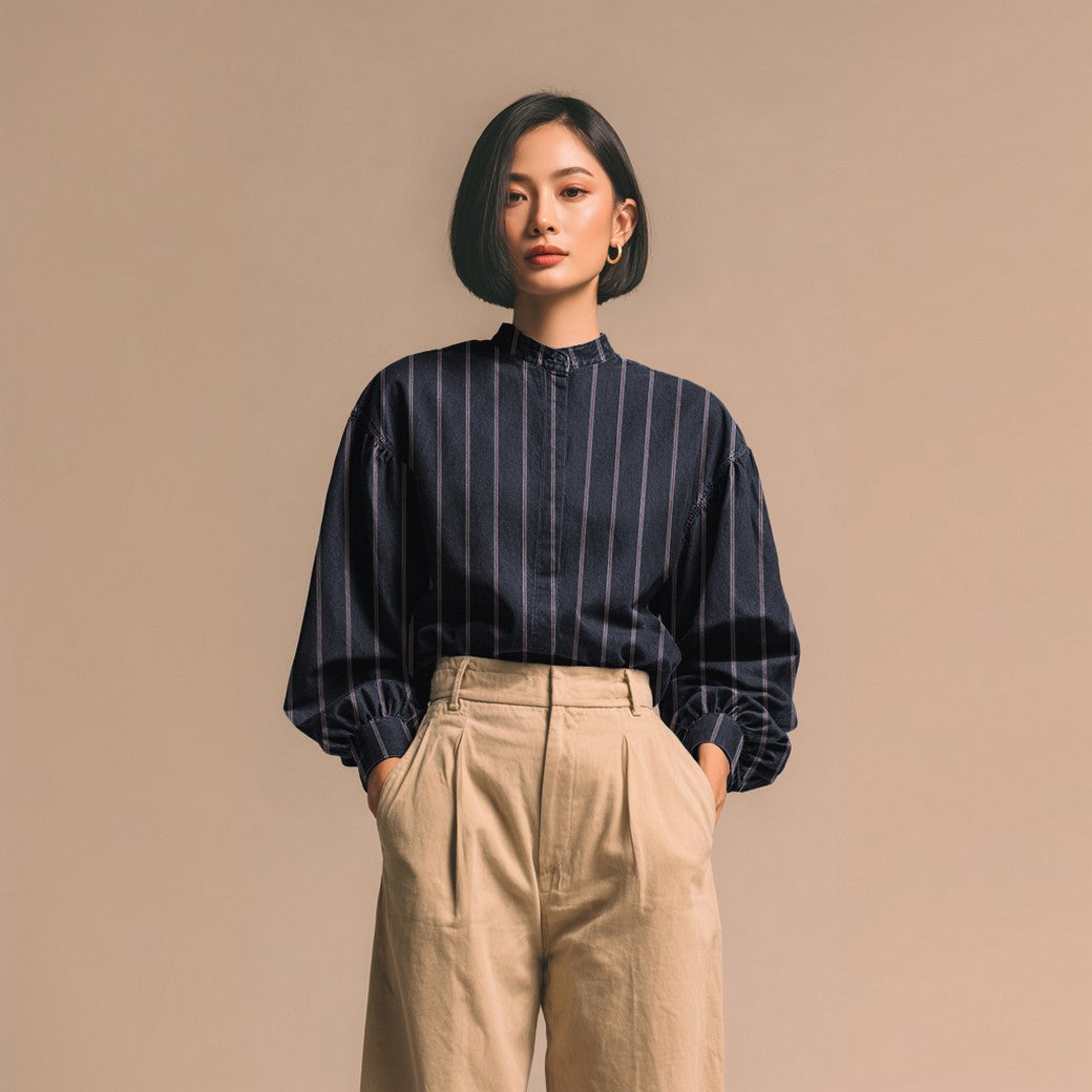 Wide Red Stripes on Blue Denim Fabric