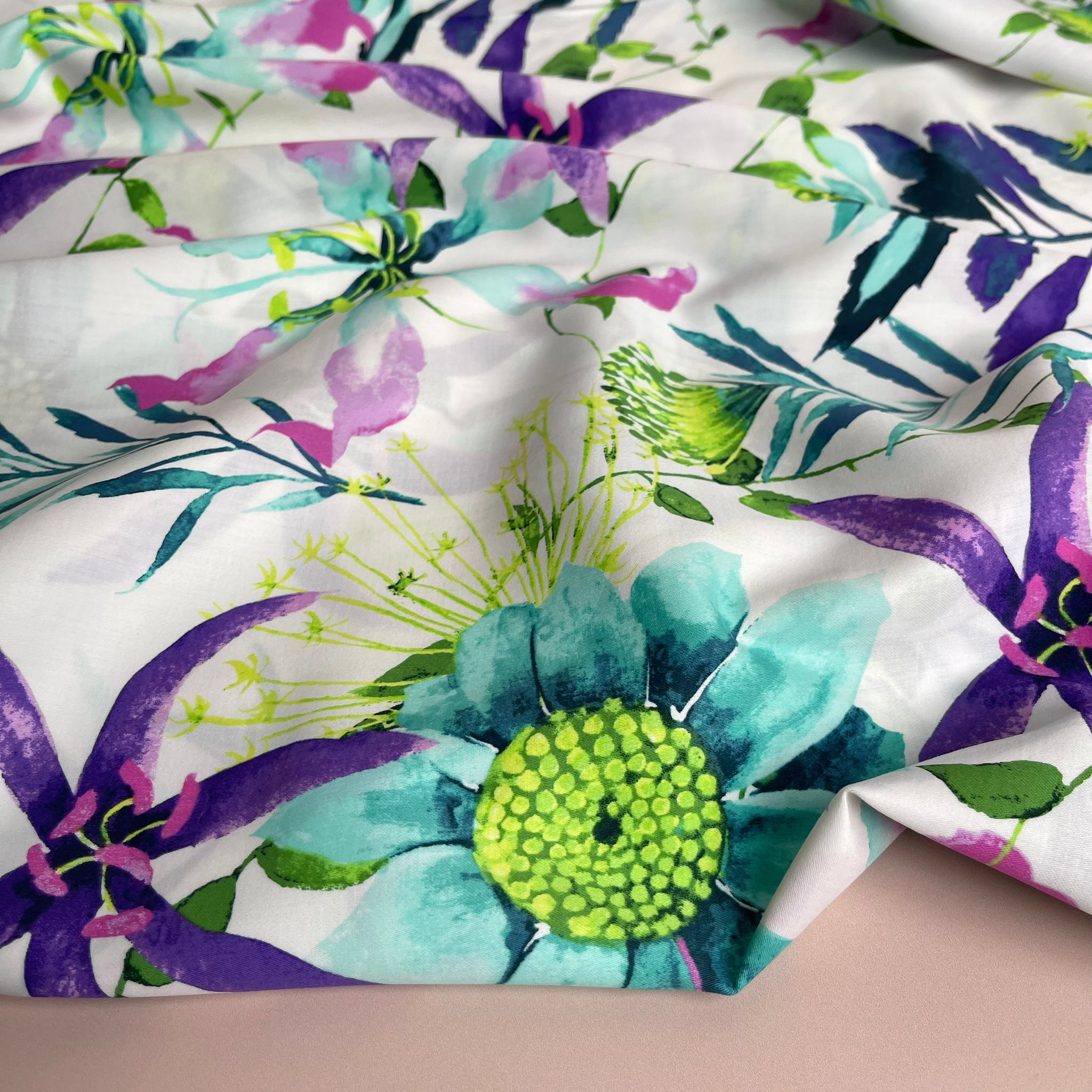 REMNANT 0.49 Metres - Ex-Designer Pastel Spring Wildflowers Cotton Sateen Fabric