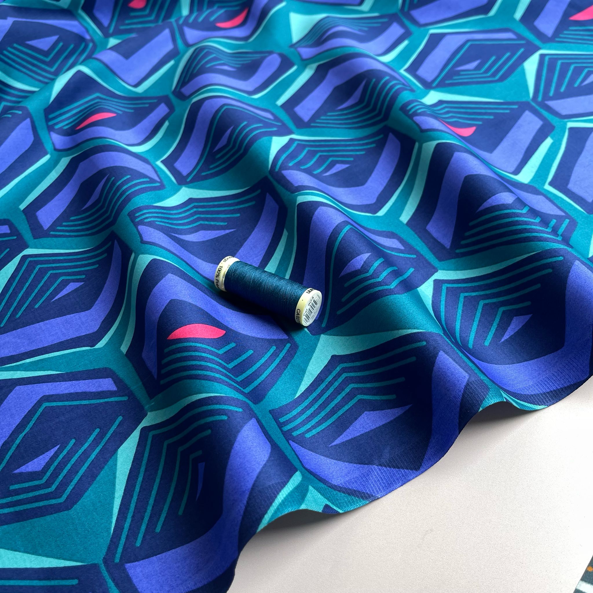 Geometric Teal Cotton Sateen Fabric