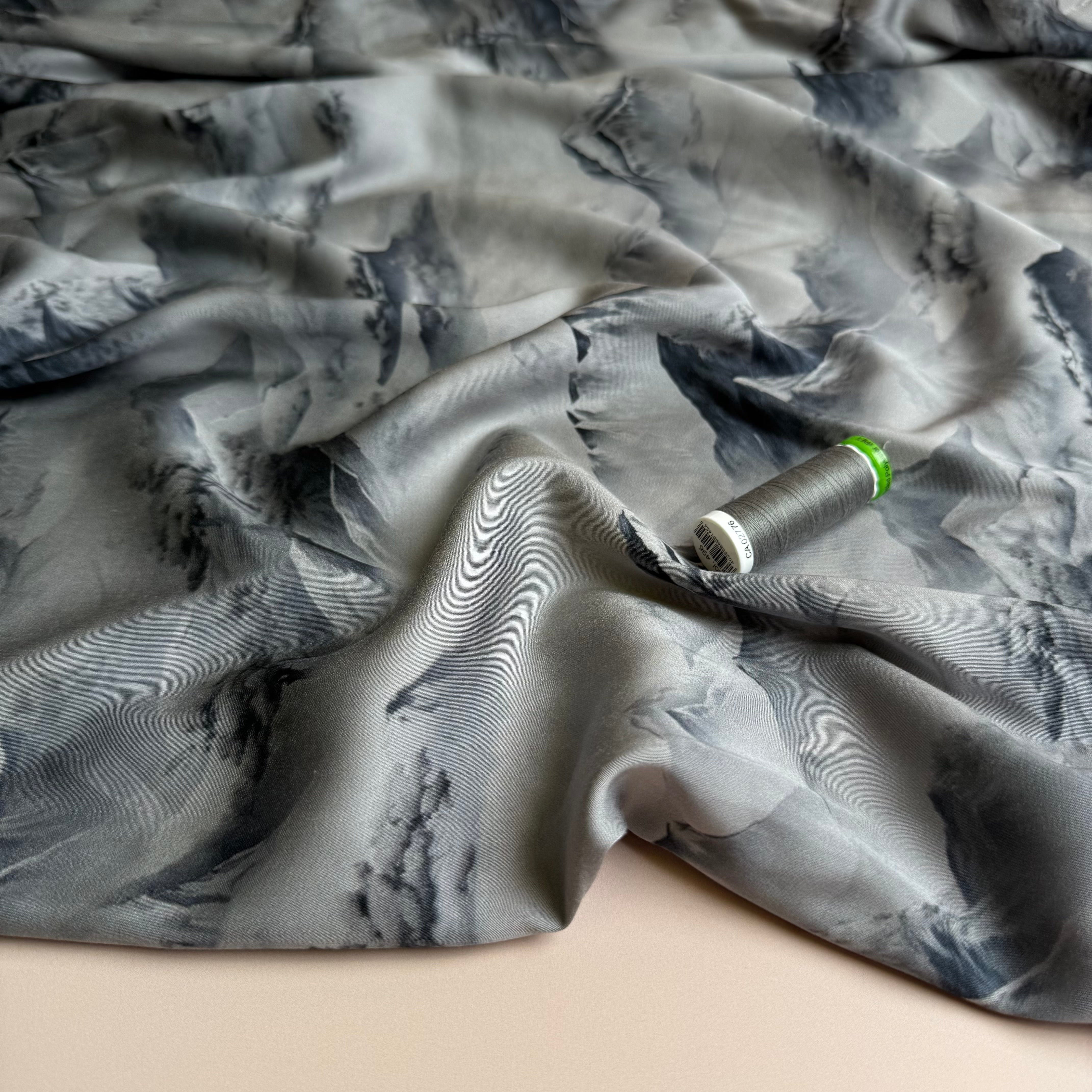 Mountains on Grey Viscose Sateen Fabric