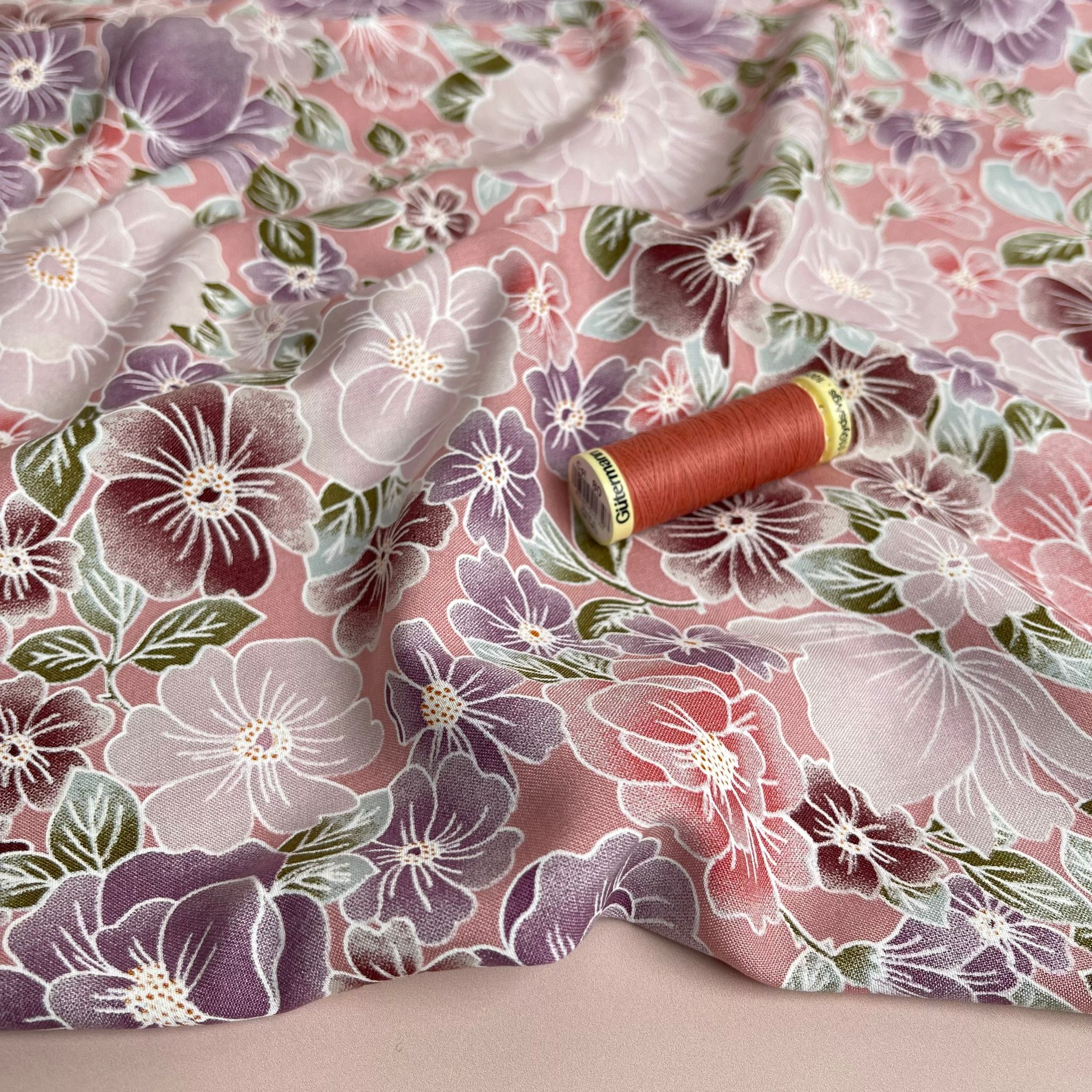 Mauve Blossoms on Rose Pink Viscose Fabric