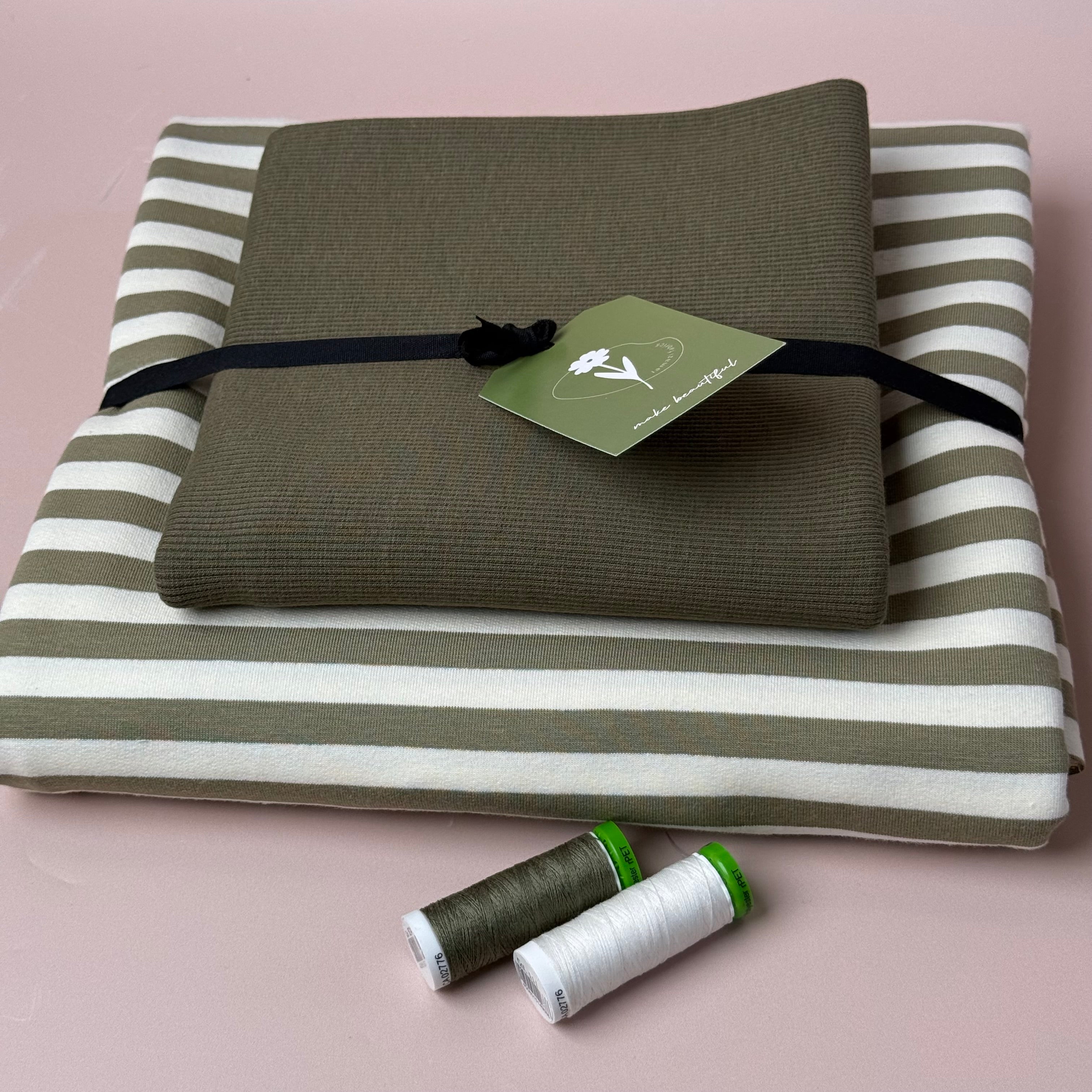 Colour Bundles - Tea Green Stripe Cotton French Terry & Ribbing