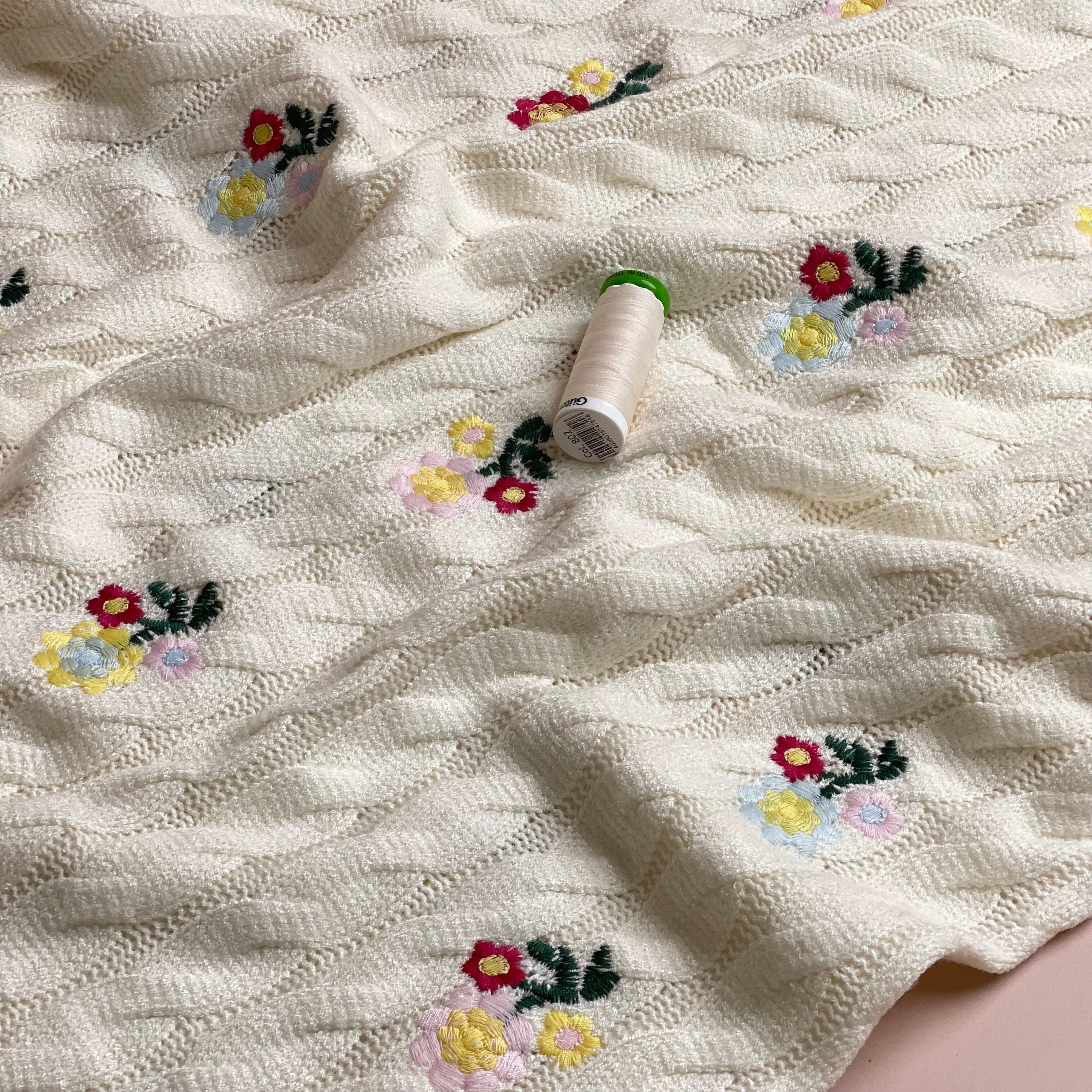 Embroidered Floral Nordic Cable Knit in Ecru