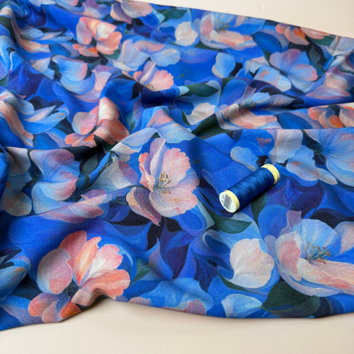 Watercolour Blue Flowers Viscose Twill with Stretch