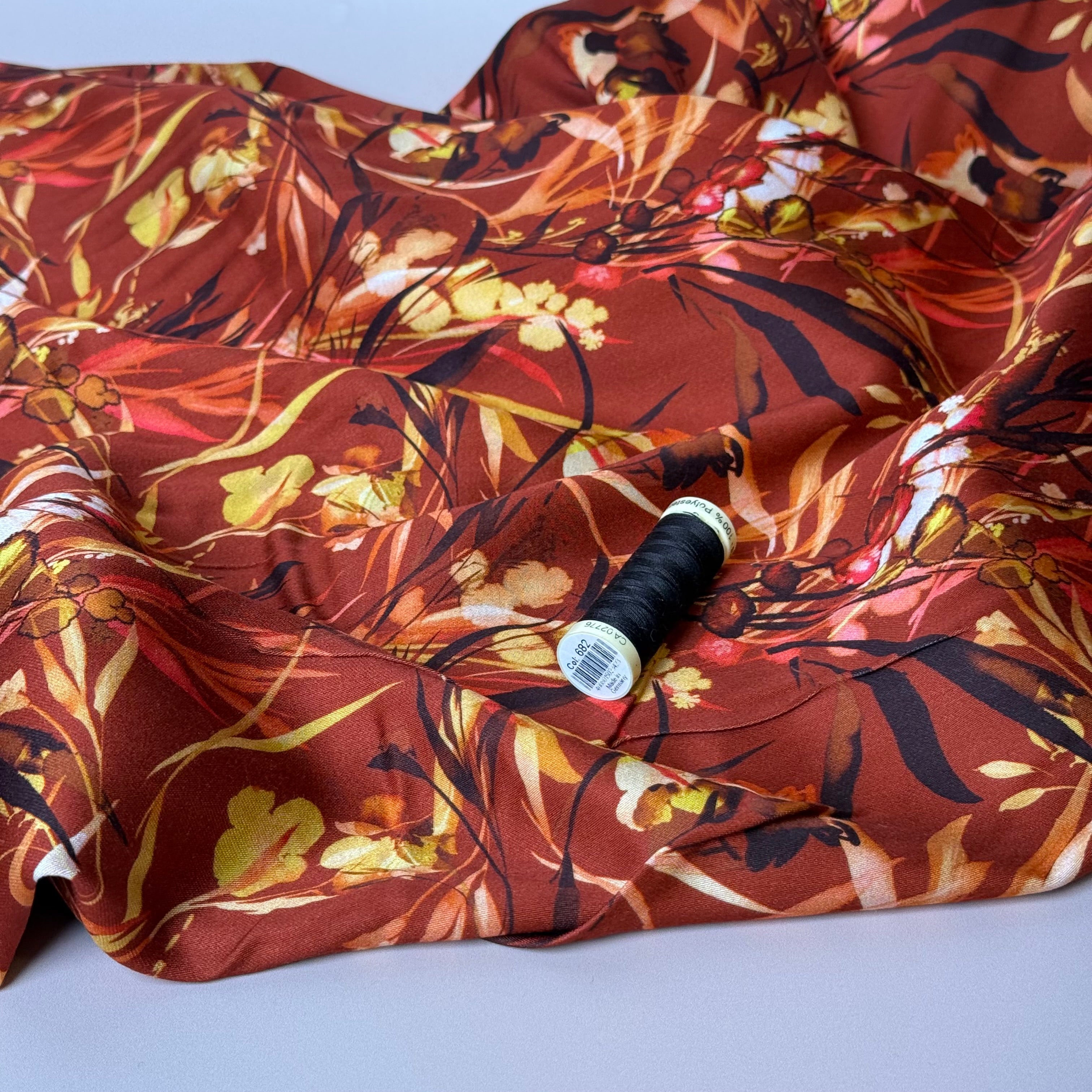 Autumn Foliage Burnt Sienna Viscose Sateen Fabric