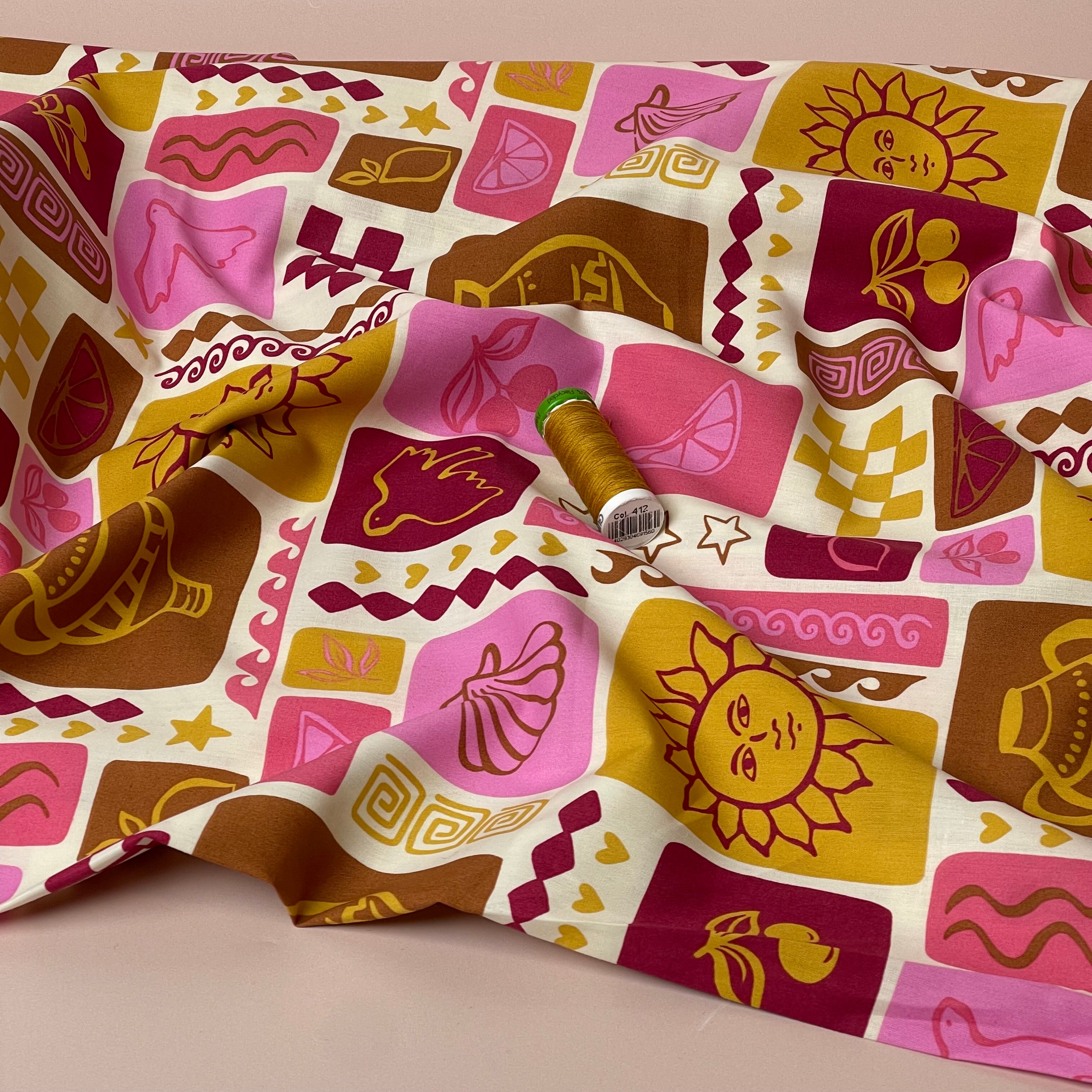 Funky Patchwork Postcard Ochre Fine Cotton Poplin Fabric