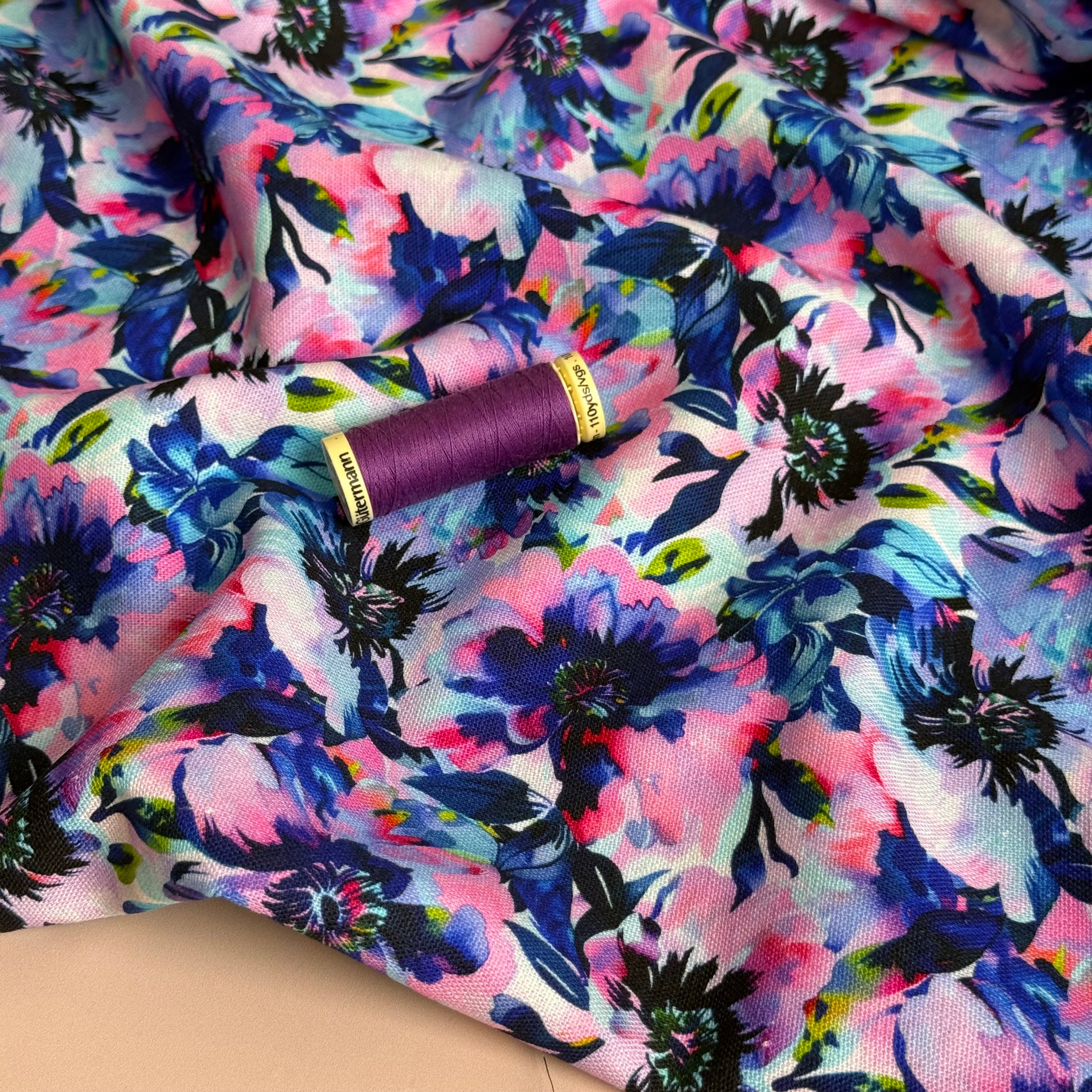 Purple Flowers Viscose Linen Fabric