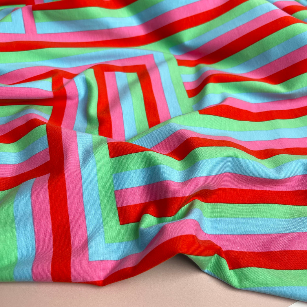 Rainbow Maze Red Cotton Jersey Fabric