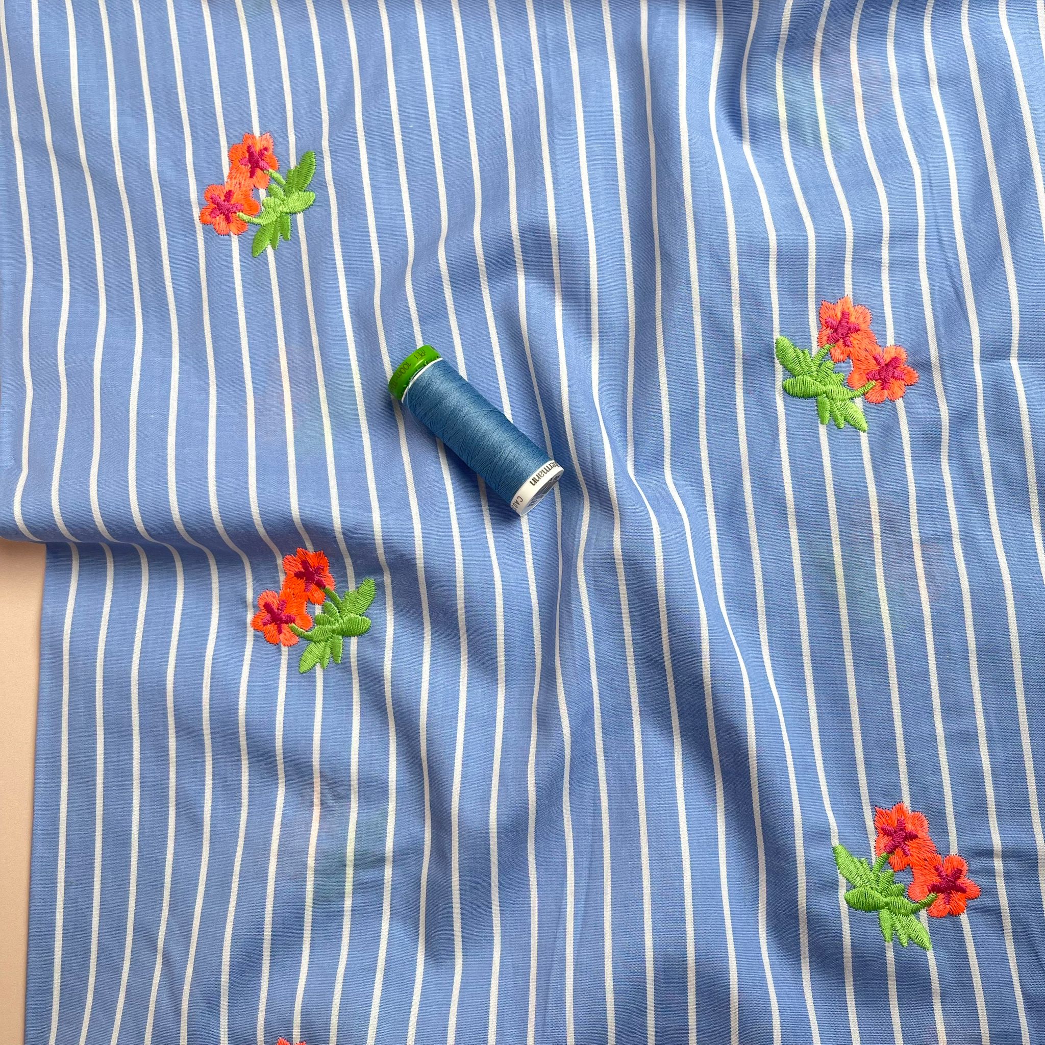 Embroidered Red Flowers on Blue Striped Cotton Fabric