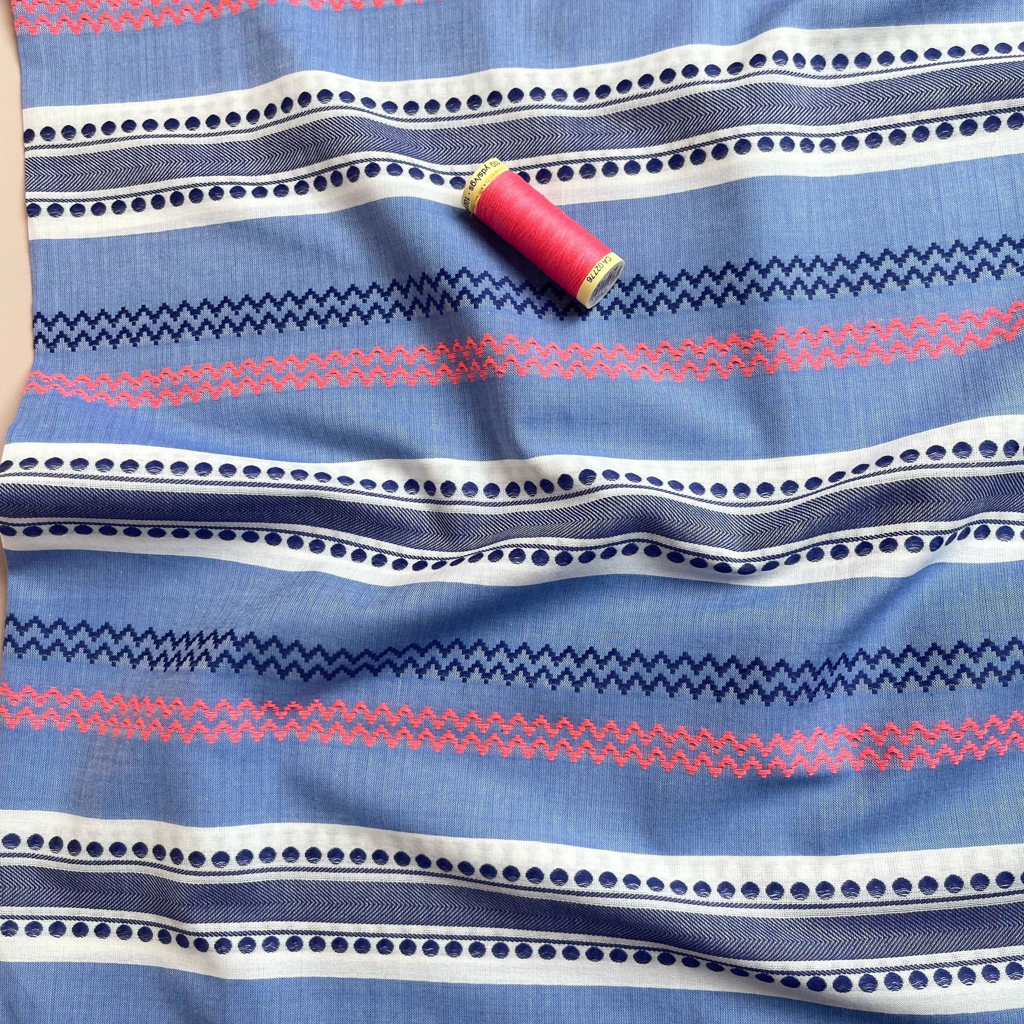 Yarn Dyed Embroidered Stripes on Blue Cotton Fabric