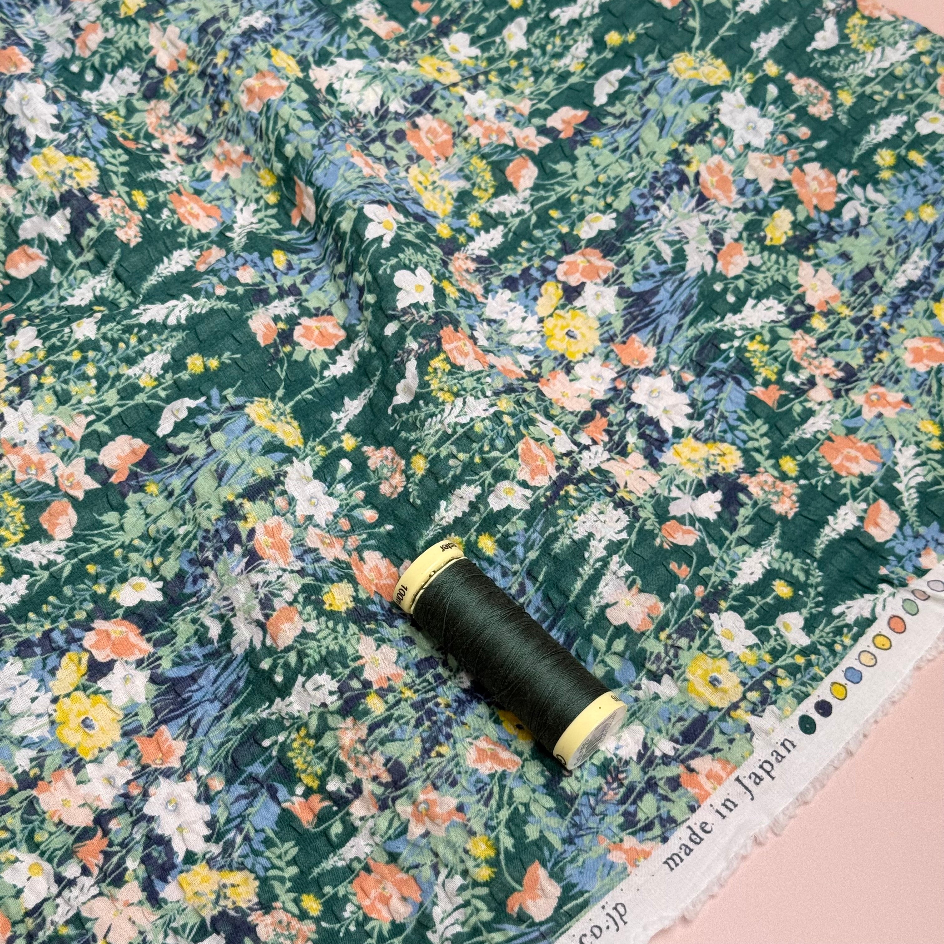 Kokka - Dainty Floral in Green Japanese Cotton Seersucker