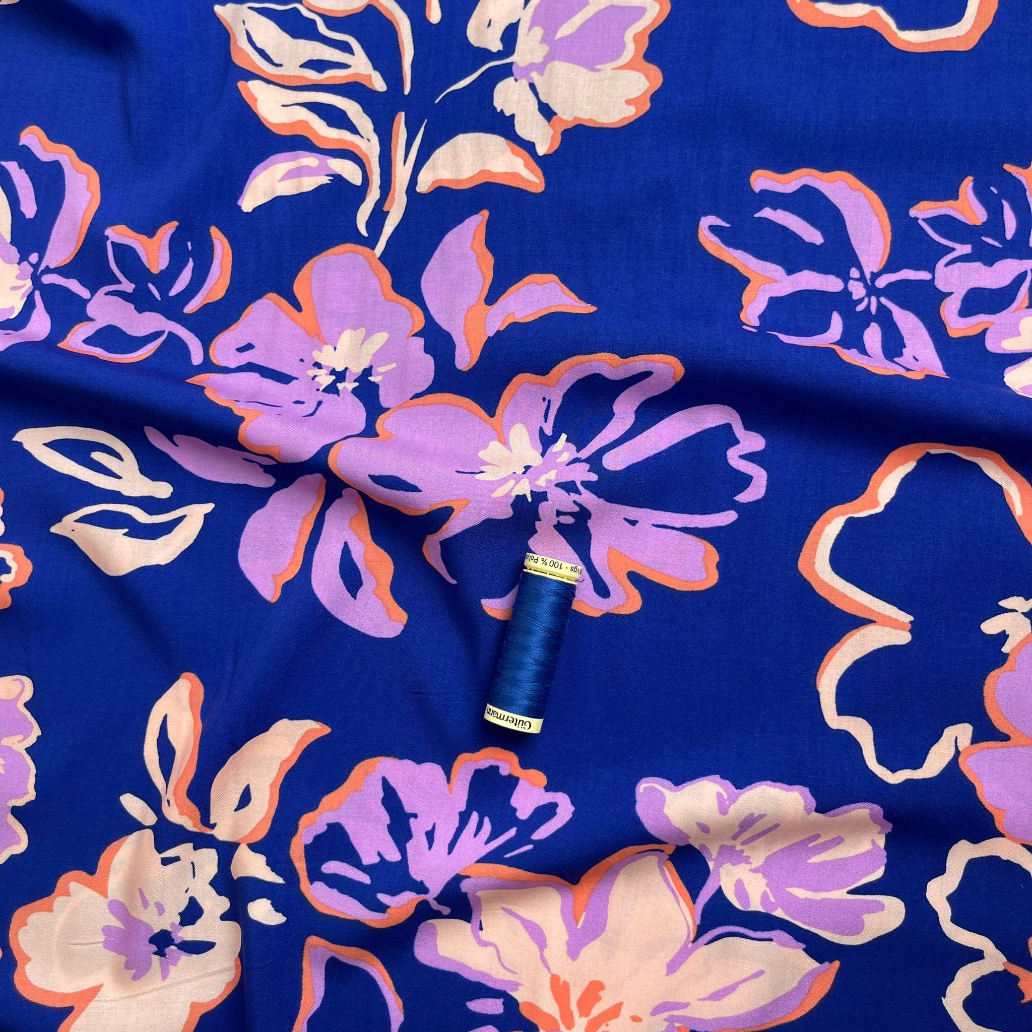 Painted Blooms on Deep Cobalt LENZING™ ECOVERO™ Viscose Fabric