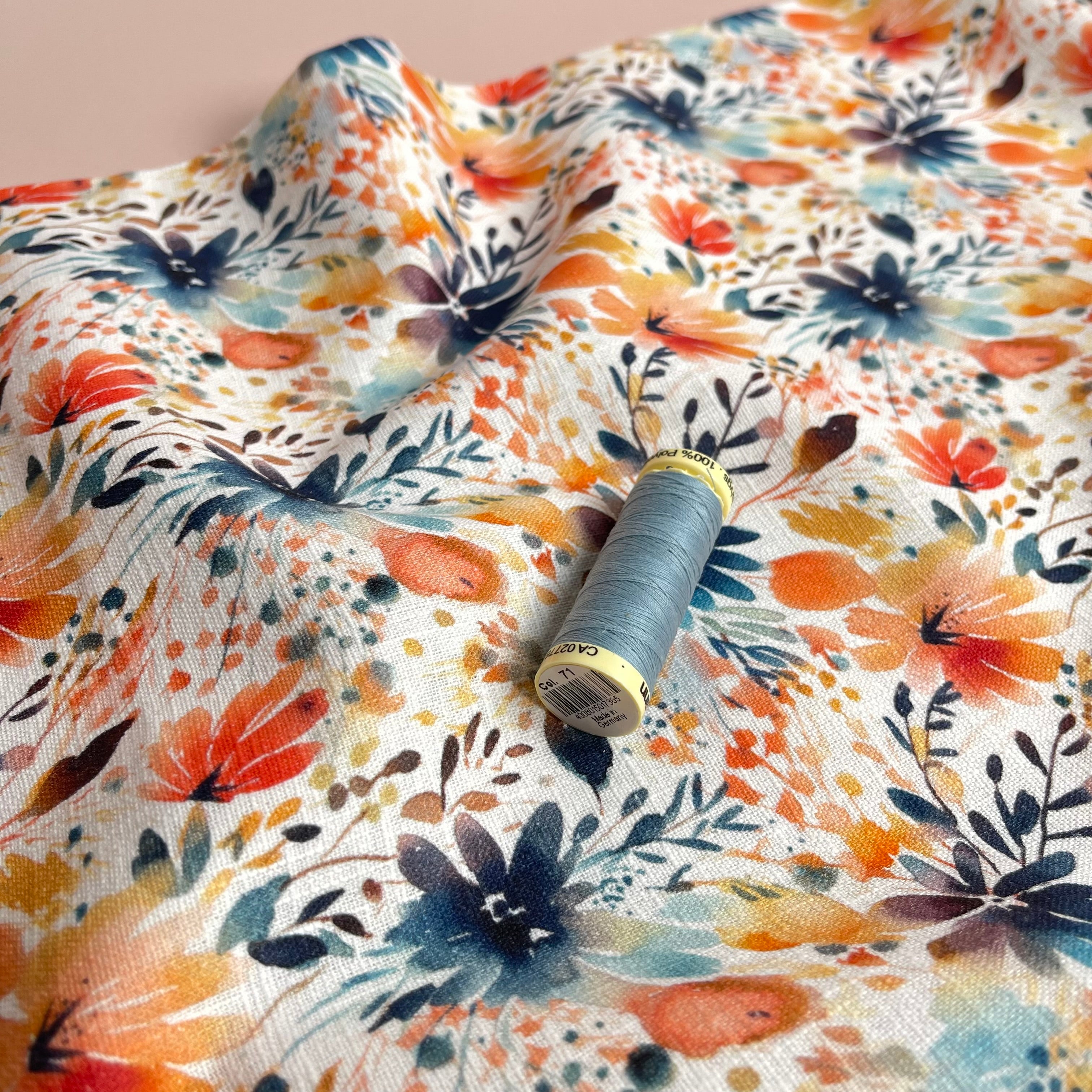 Orange Flowers Linen Cotton Blend Fabric