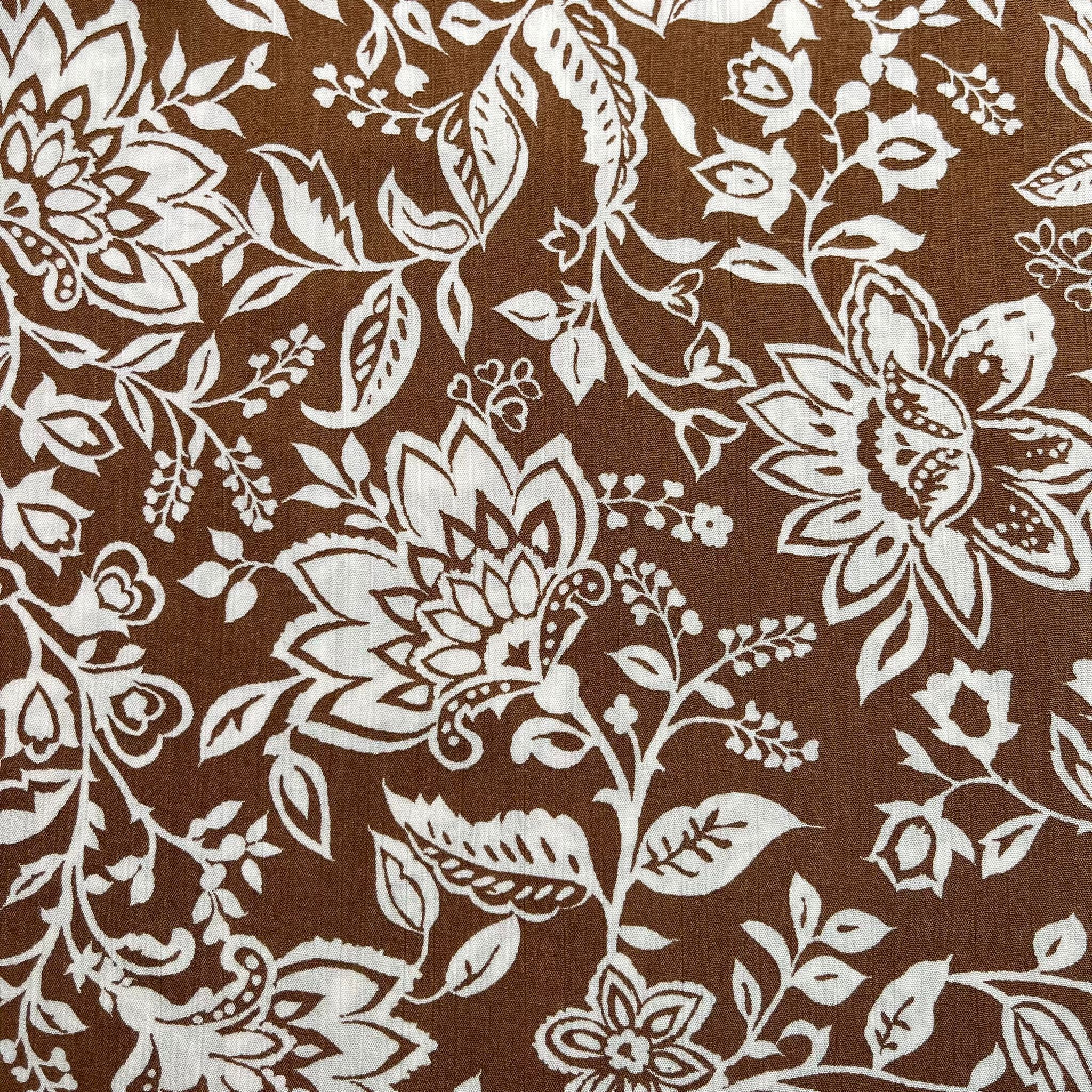 Ex-Designer Ornate Flower on Brown Crinkle Viscose Fabric