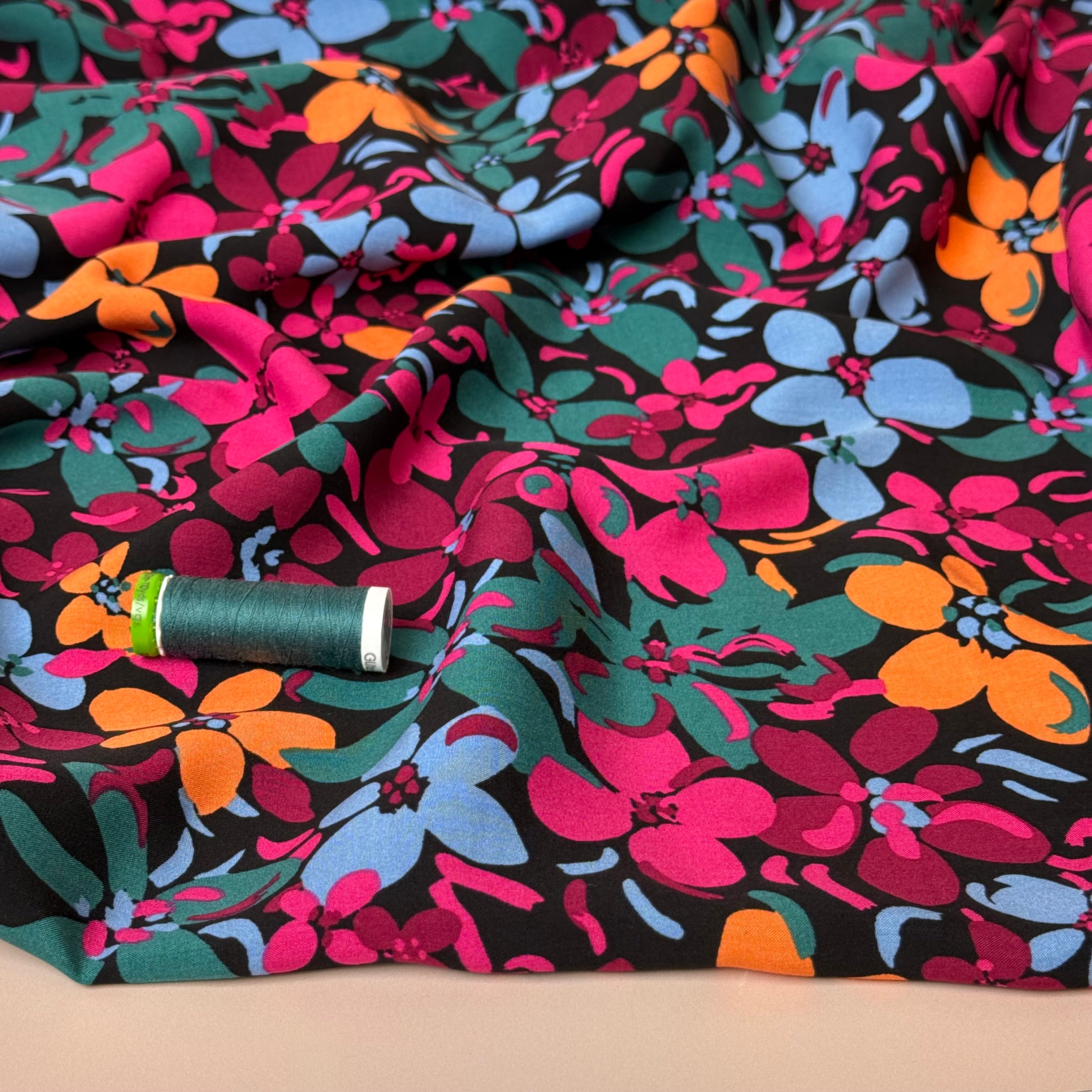 Graphic Floral Field Black Viscose Fabric