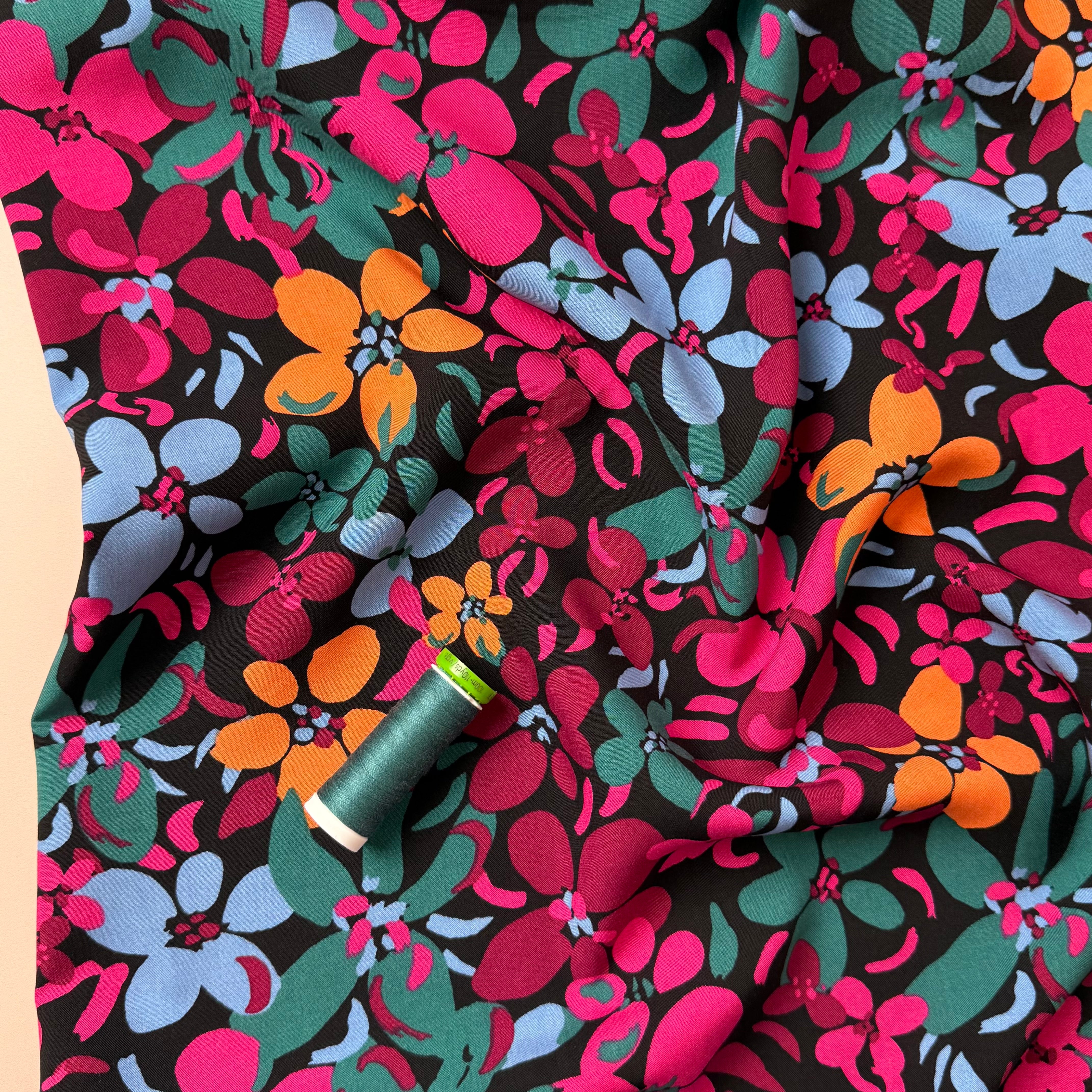 Graphic Floral Field Black Viscose Fabric