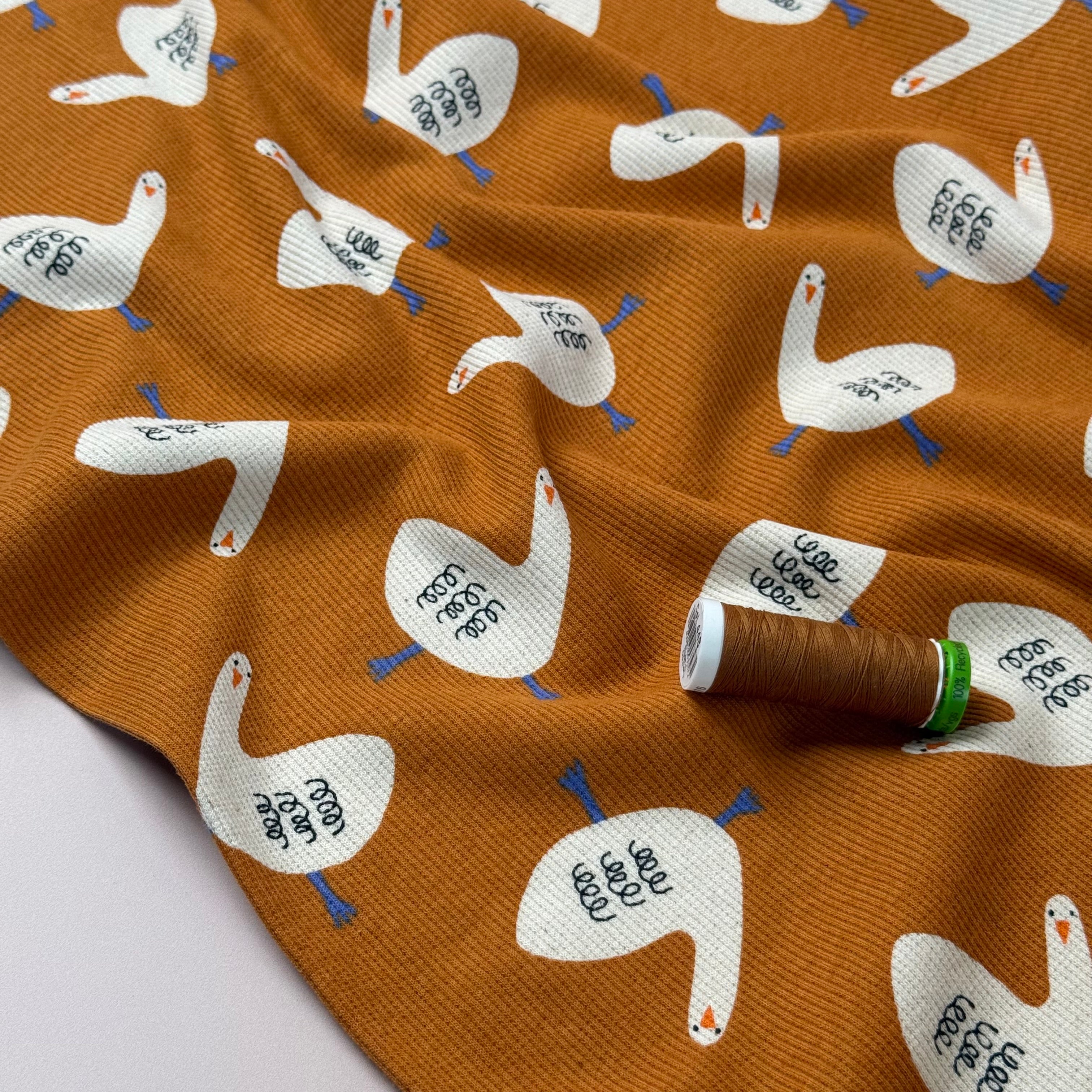 Geese on Ochre Organic GOTS Cotton Ribbed Jersey