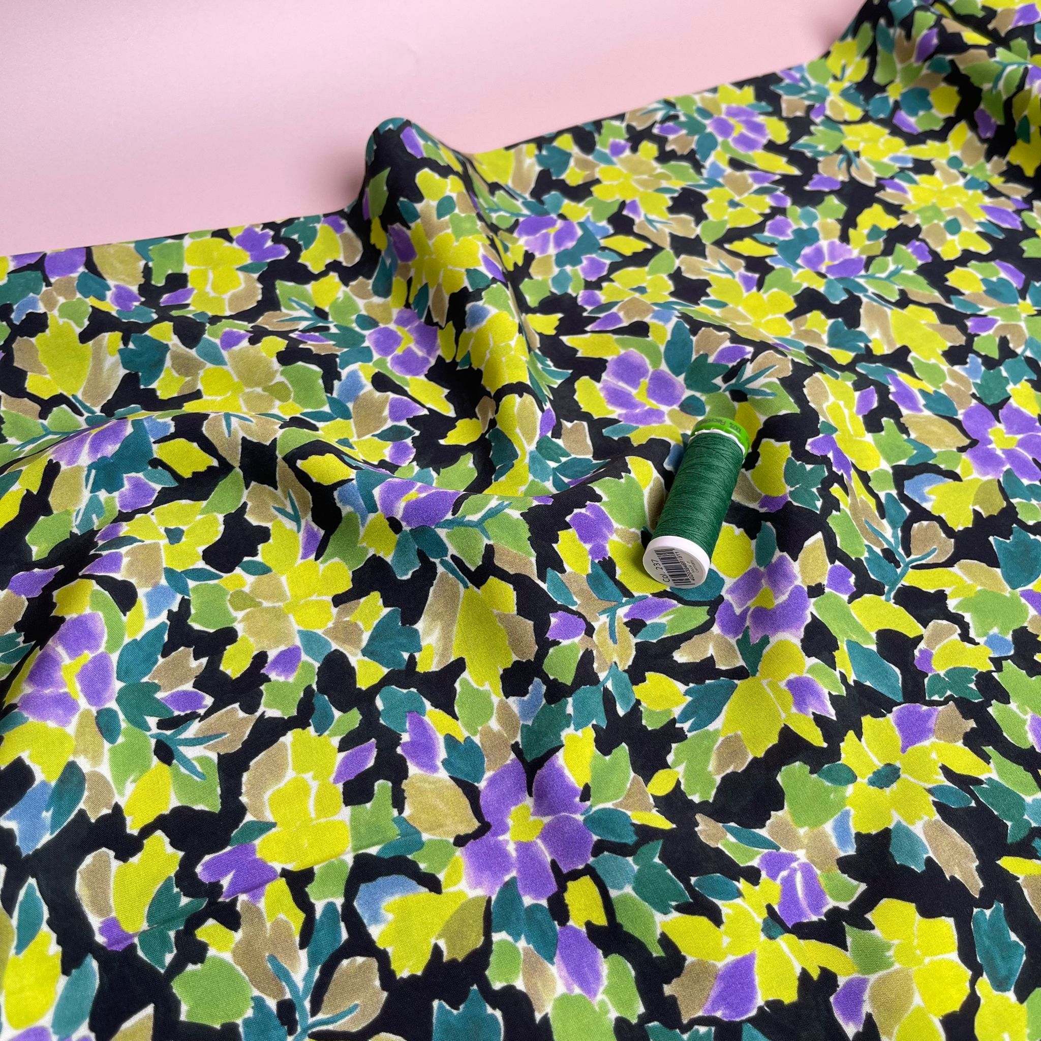 Meadow Flowers in Lime and Purple Viscose Fabric