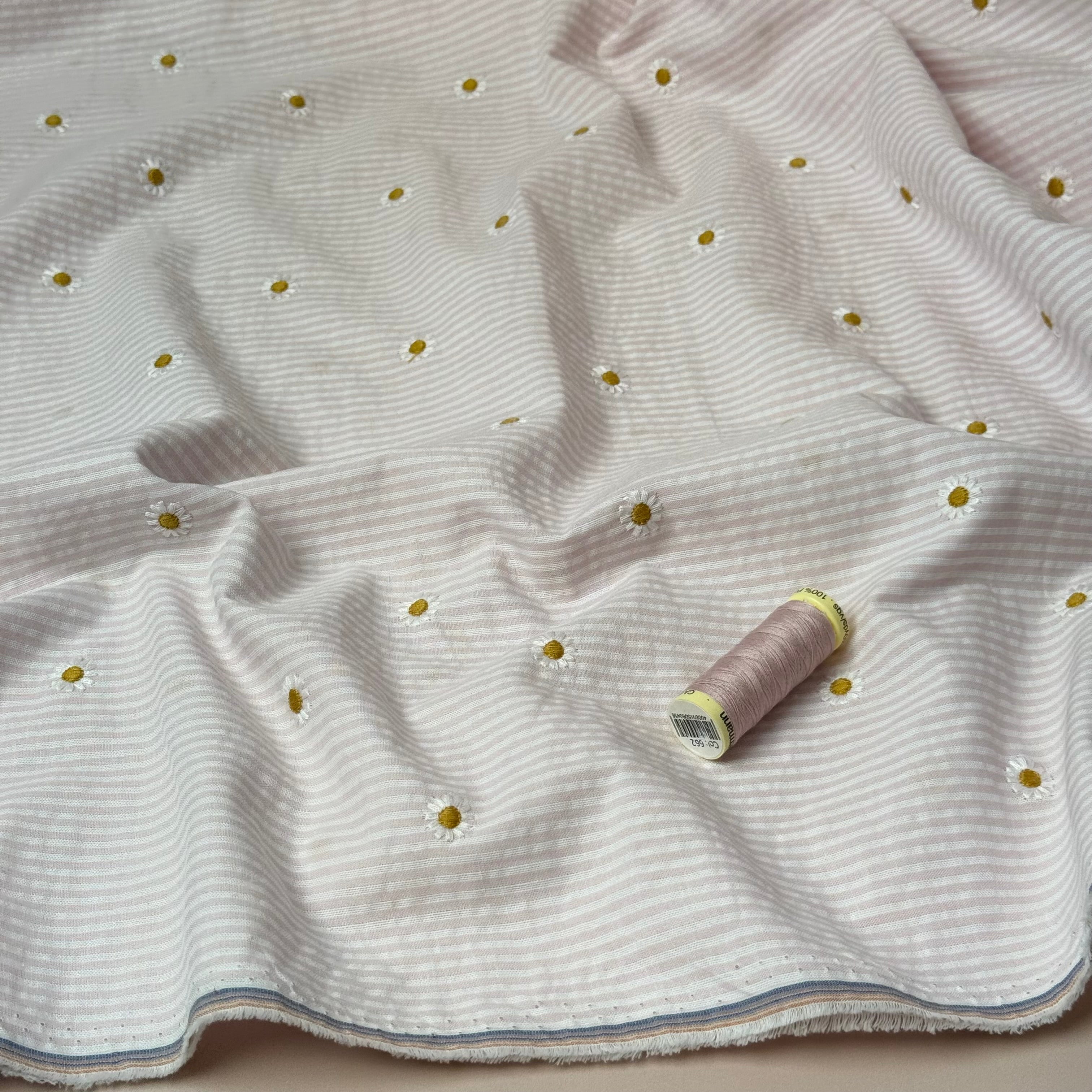 Embroidered Daisies on Pink Striped Cotton Seersucker