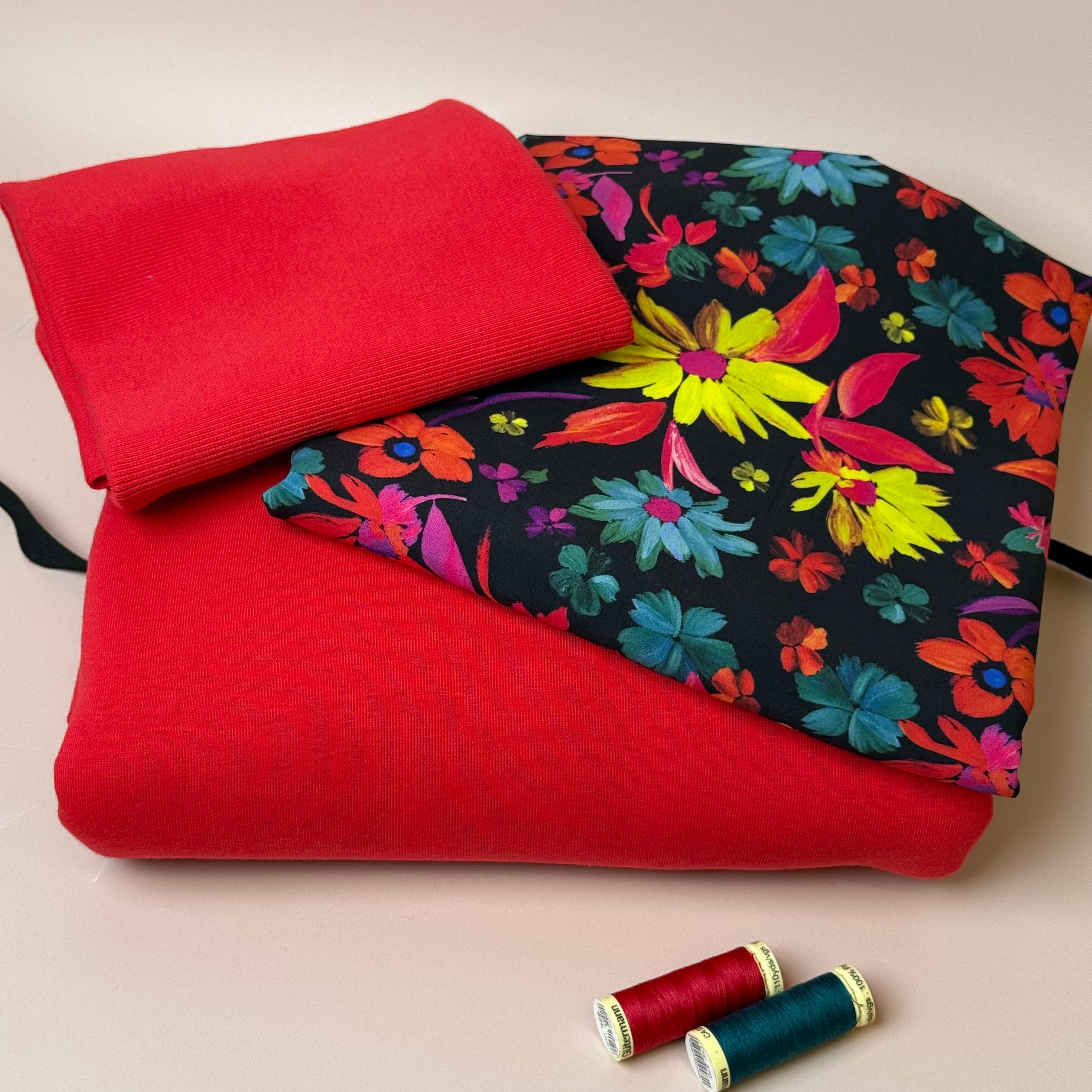 Make an Outfit Colour Bundle - Dopamine Flowers Viscose & Sweatshirting in Red with Ribbing