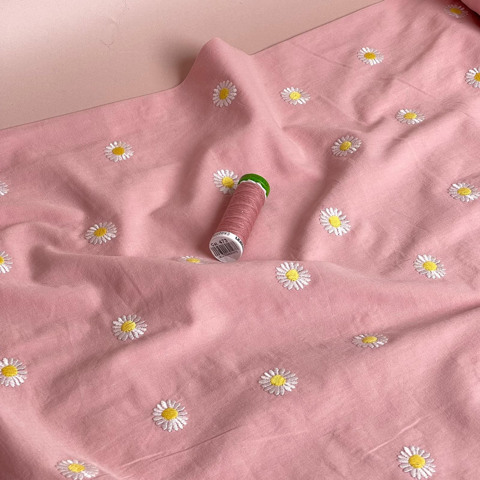 Embroidered Daisies on Pink Cotton Poplin