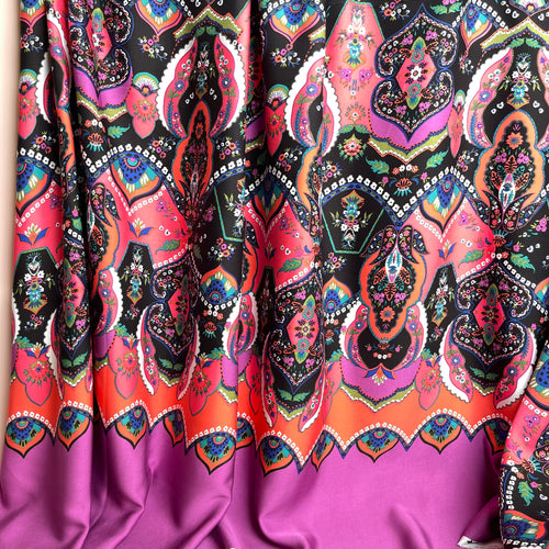 REMNANT 0.56 Metre - Floral Paisley Border Print in Coral on Black Viscose Sateen Fabric