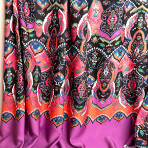 REMNANT 0.56 Metre - Floral Paisley Border Print in Coral on Black Viscose Sateen Fabric