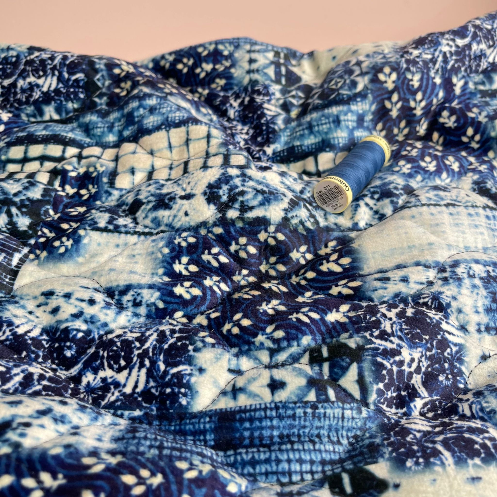 REMNANT 1.03 Metres - Patchwork Navy Blue Quilted Velvet Fabric