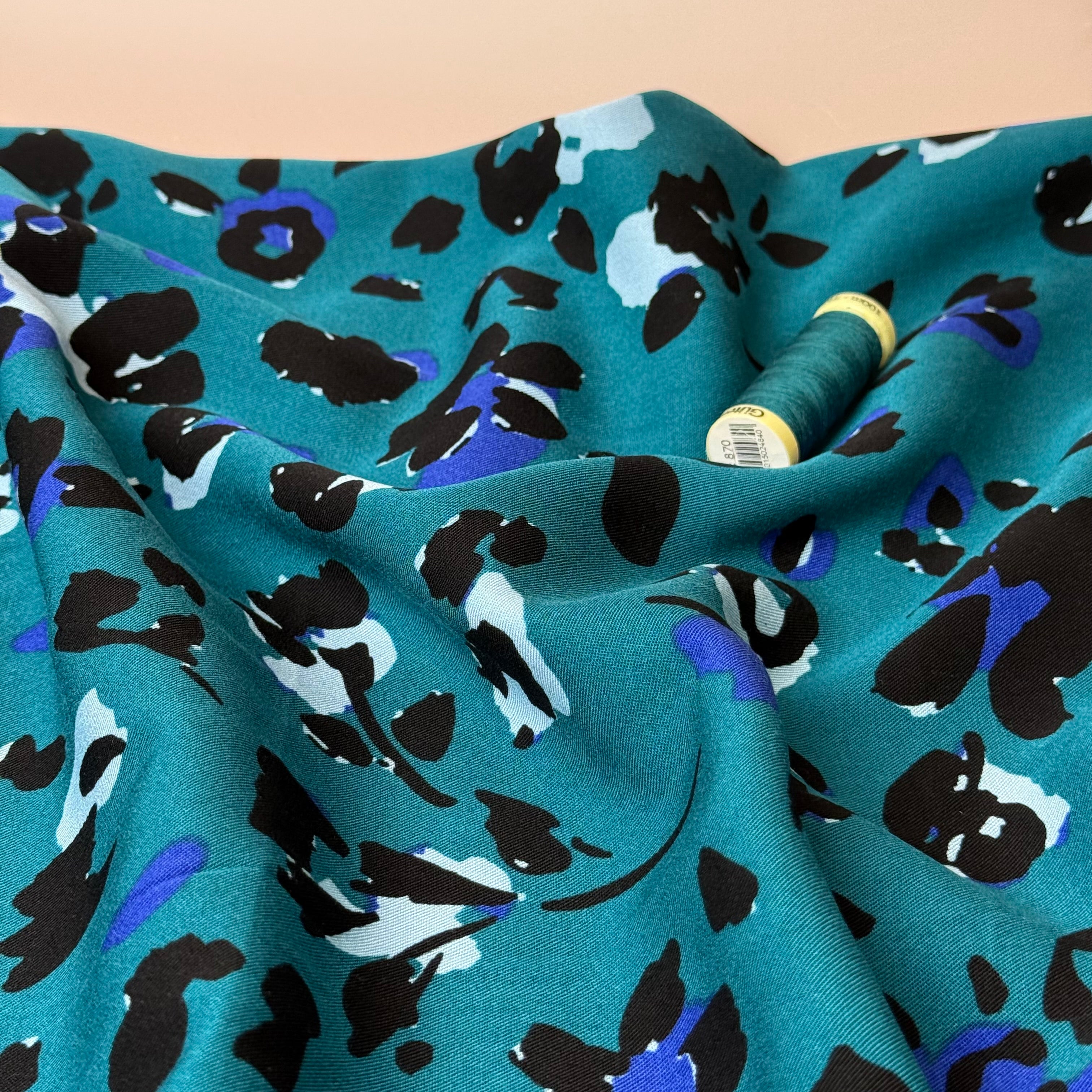 Abstract Leopard Petrol Viscose Twill