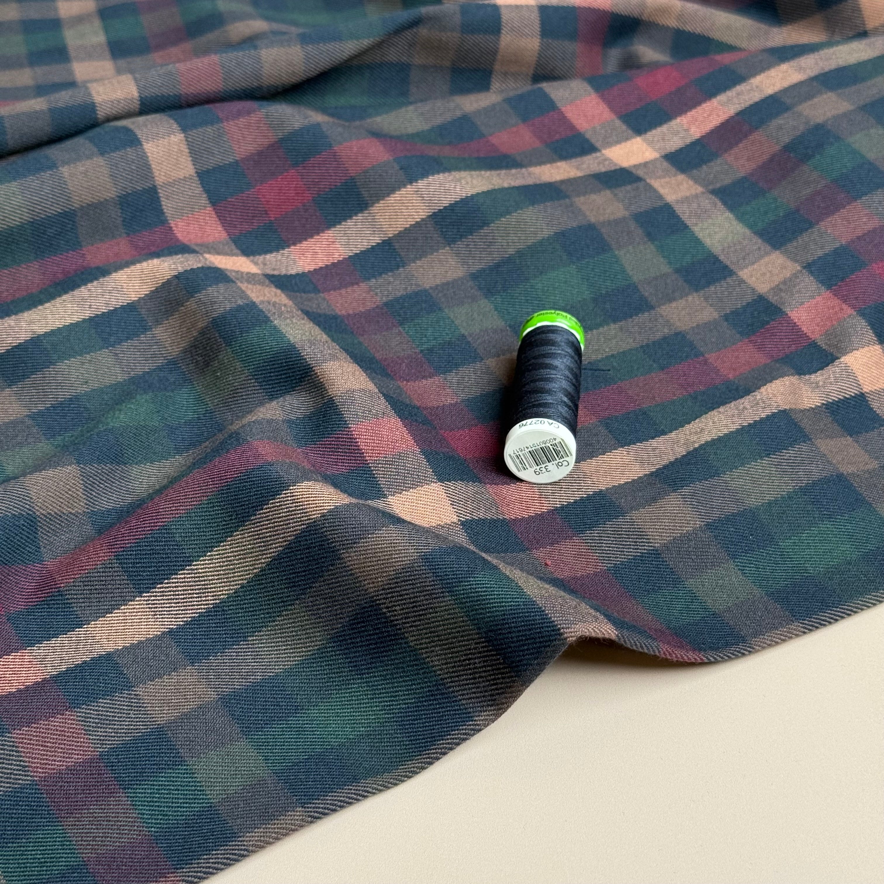 Tartan Check in Navy, Burgundy & Green Viscose Blend Trouser Fabric