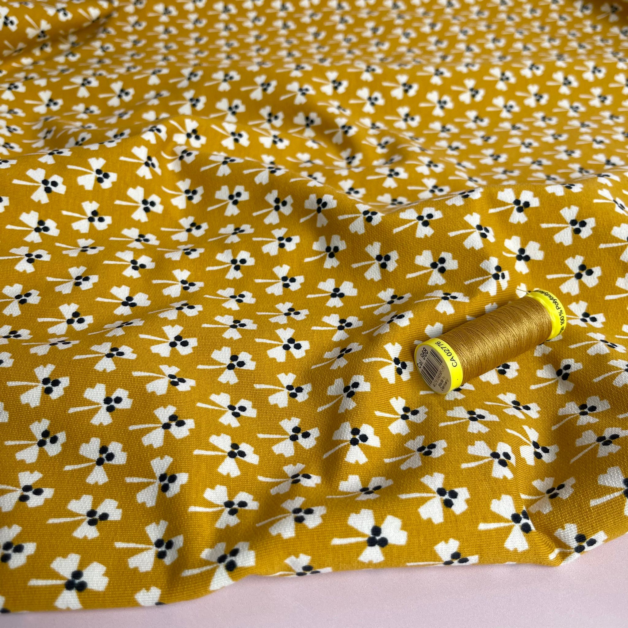 Monochrome Clovers on Yellow Cotton French Terry