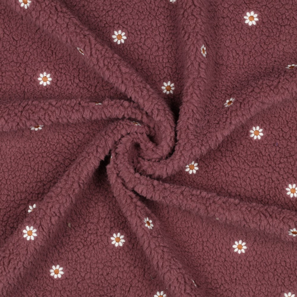Embroidered Daisies on Rosewood Teddy Fabric