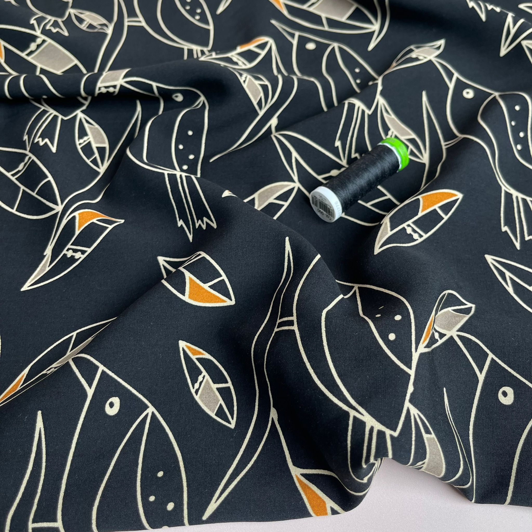 Graphic Birds Orange on Black Viscose Poplin Fabric