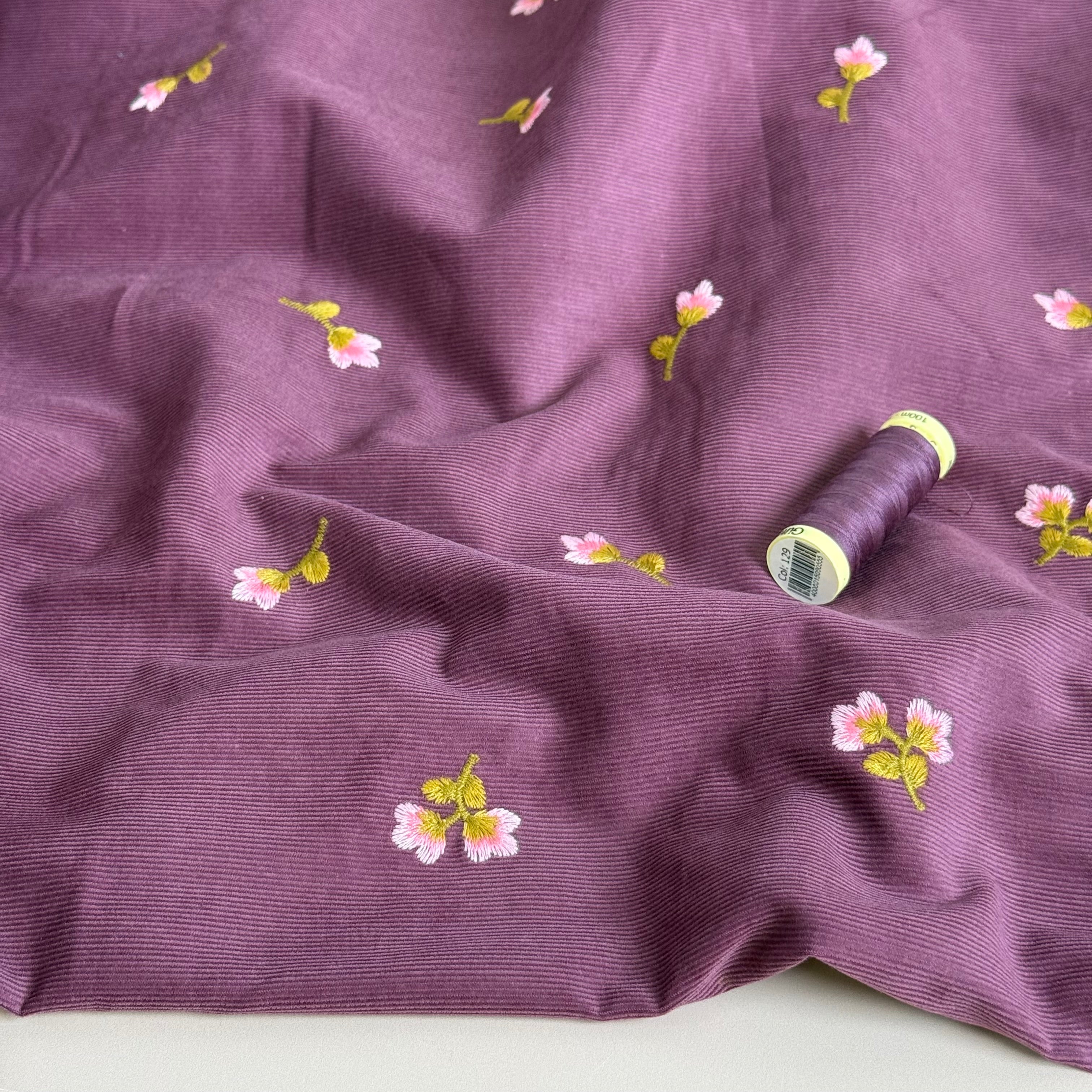 Embroidered Flowers on Plum Cotton Needlecord
