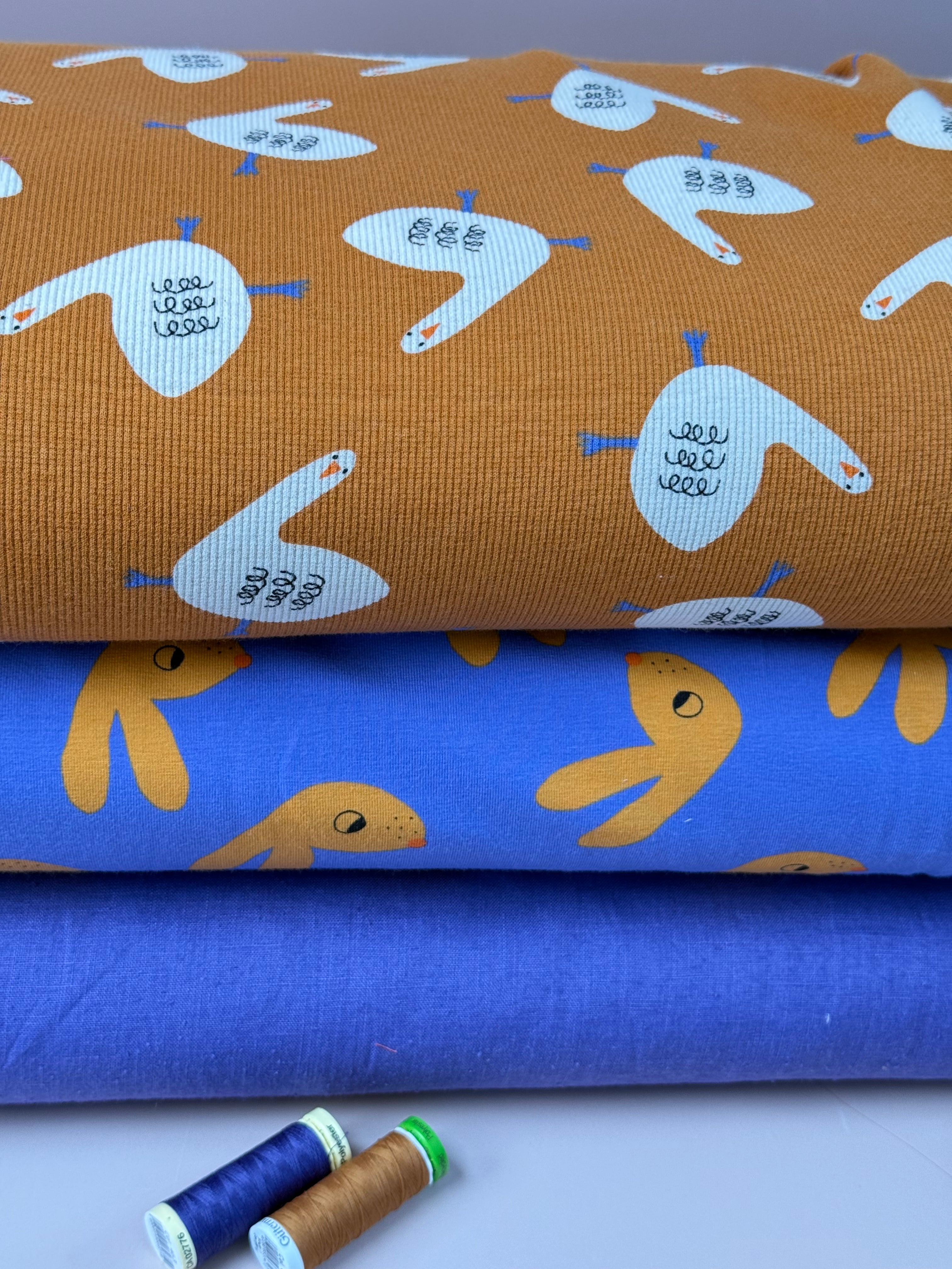 Geese on Ochre Organic GOTS Cotton Ribbed Jersey