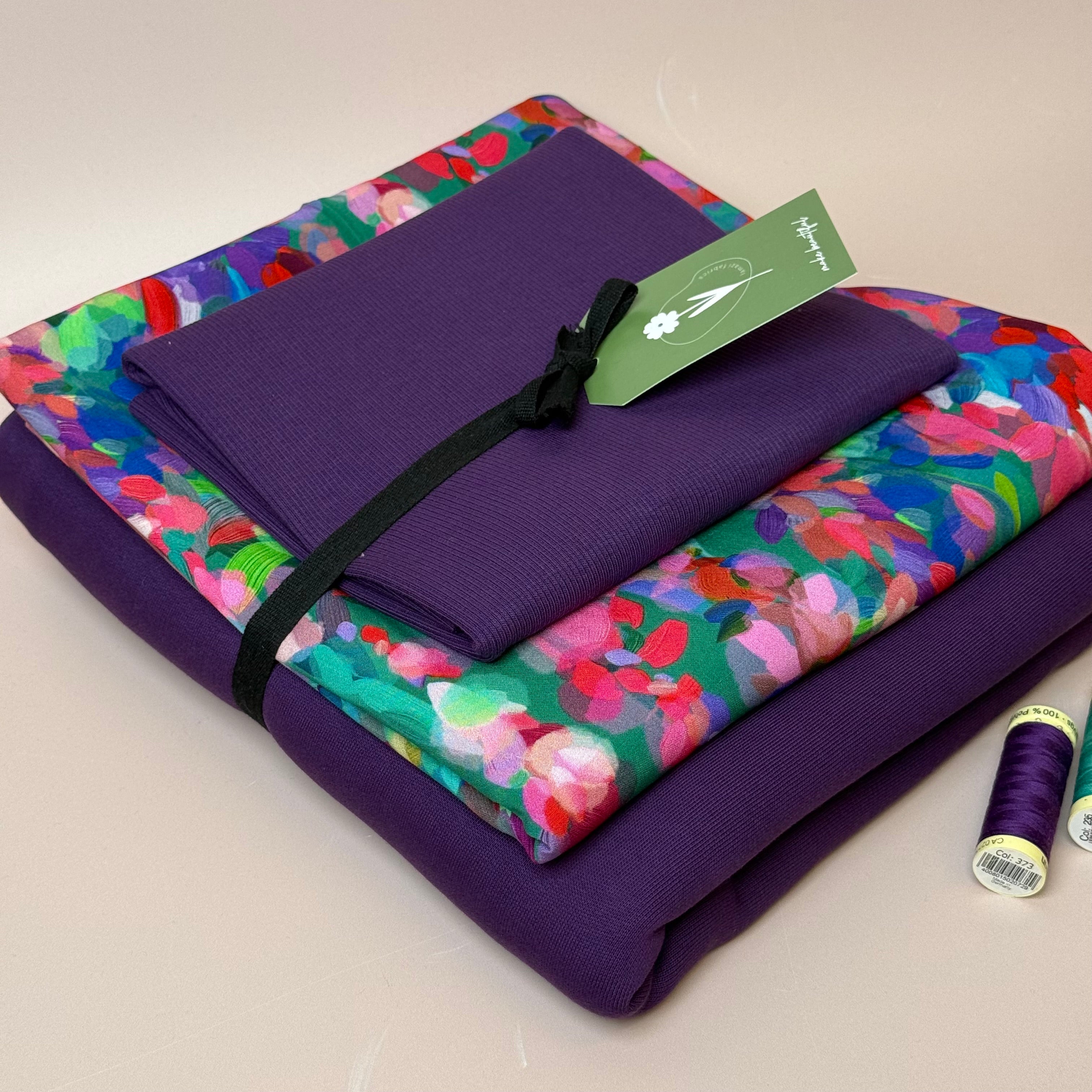 Make an Outfit Colour Bundle - Lupine Petals Viscose & Brushed Sweatshirt in Plum with Ribbing