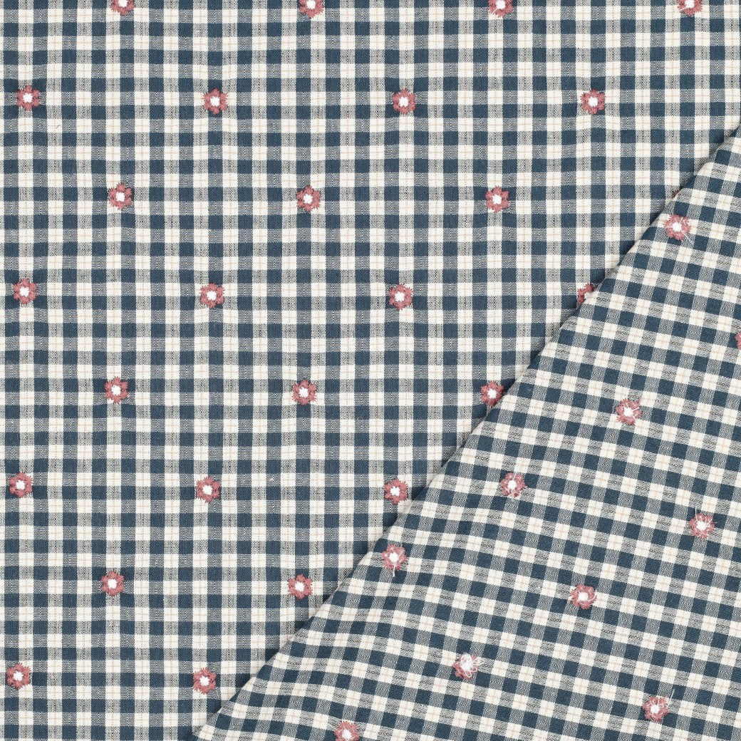Embroidered Flowers on Petrol Gingham Cotton Viscose Fabric