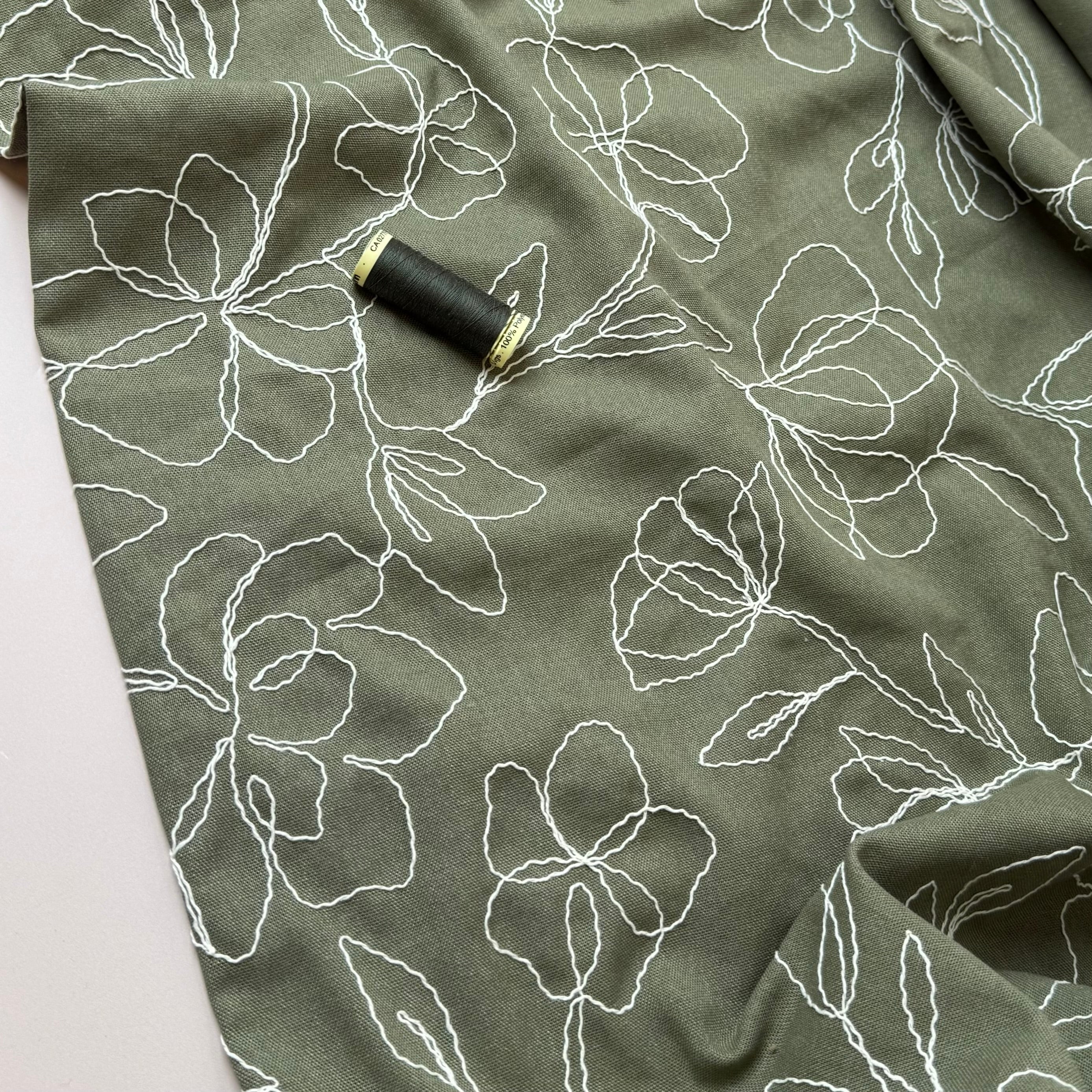 Embroidered Flowers Linen Viscose Blend Fabric in Dark Olive