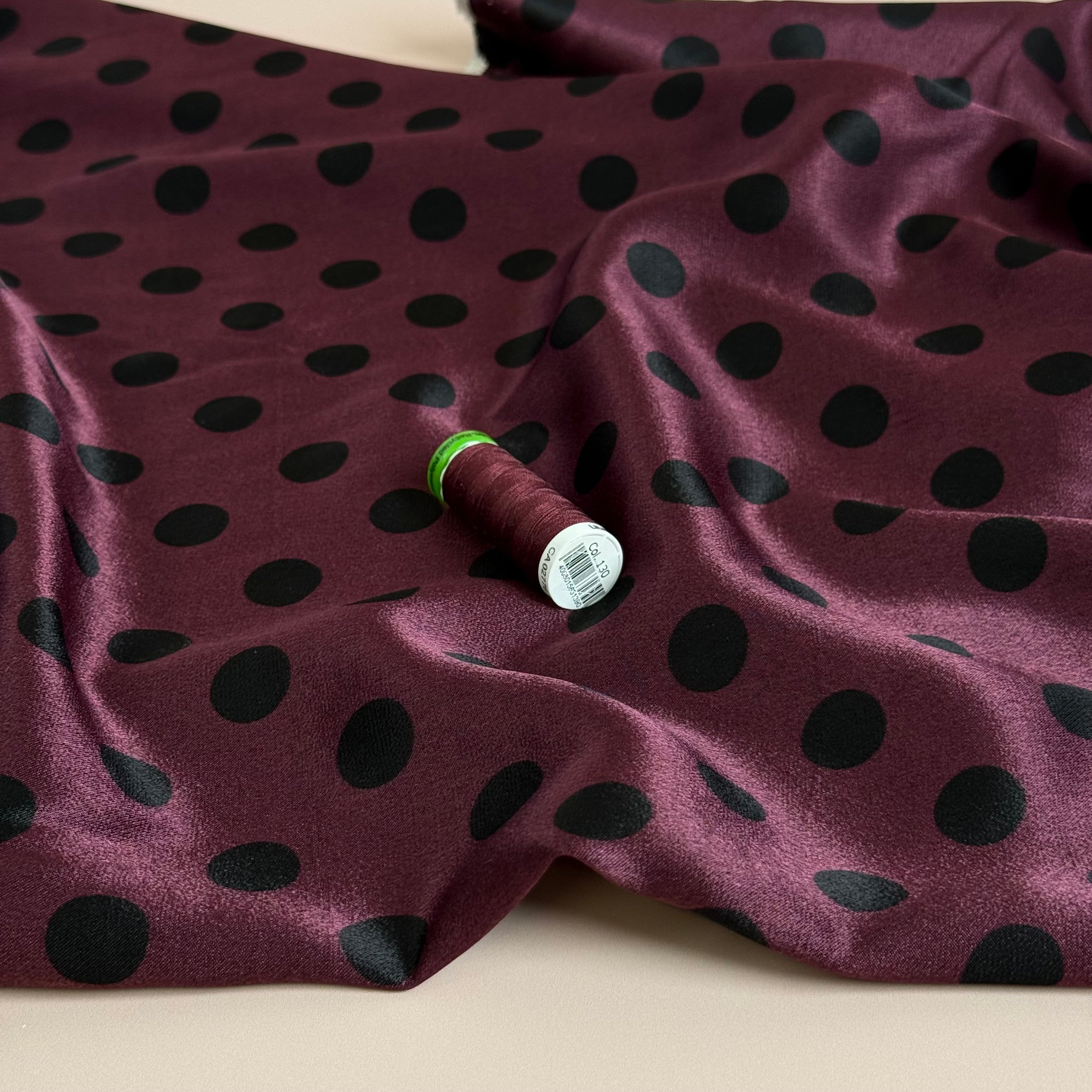 Polka Black on Wine Spun Viscose Sateen Fabric