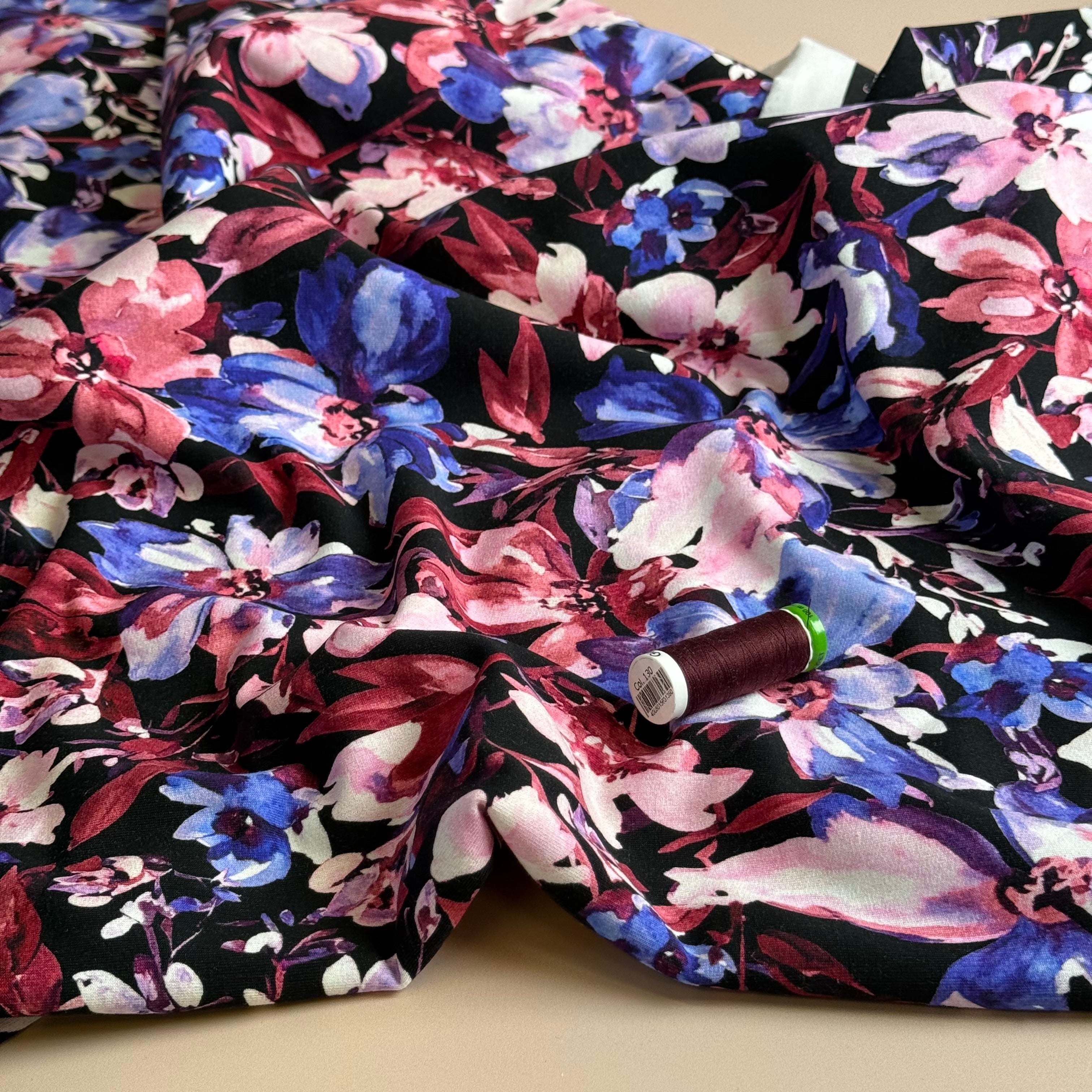 Purple Flowers Black Cotton Sweat-shirting Fabric