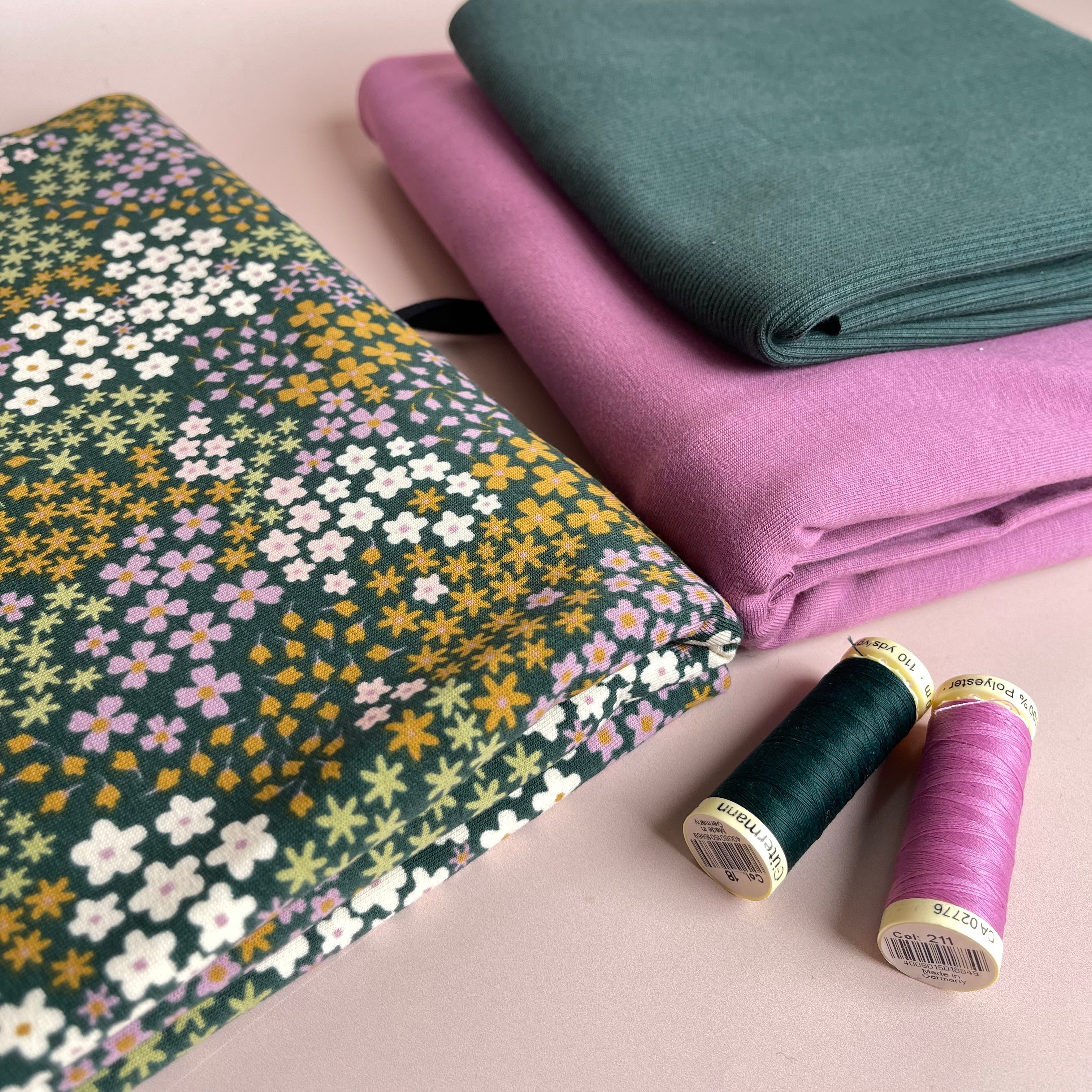 Colour Bundles - Ditsy Flowers Green Cotton French Terry and Jersey with Ribbing
