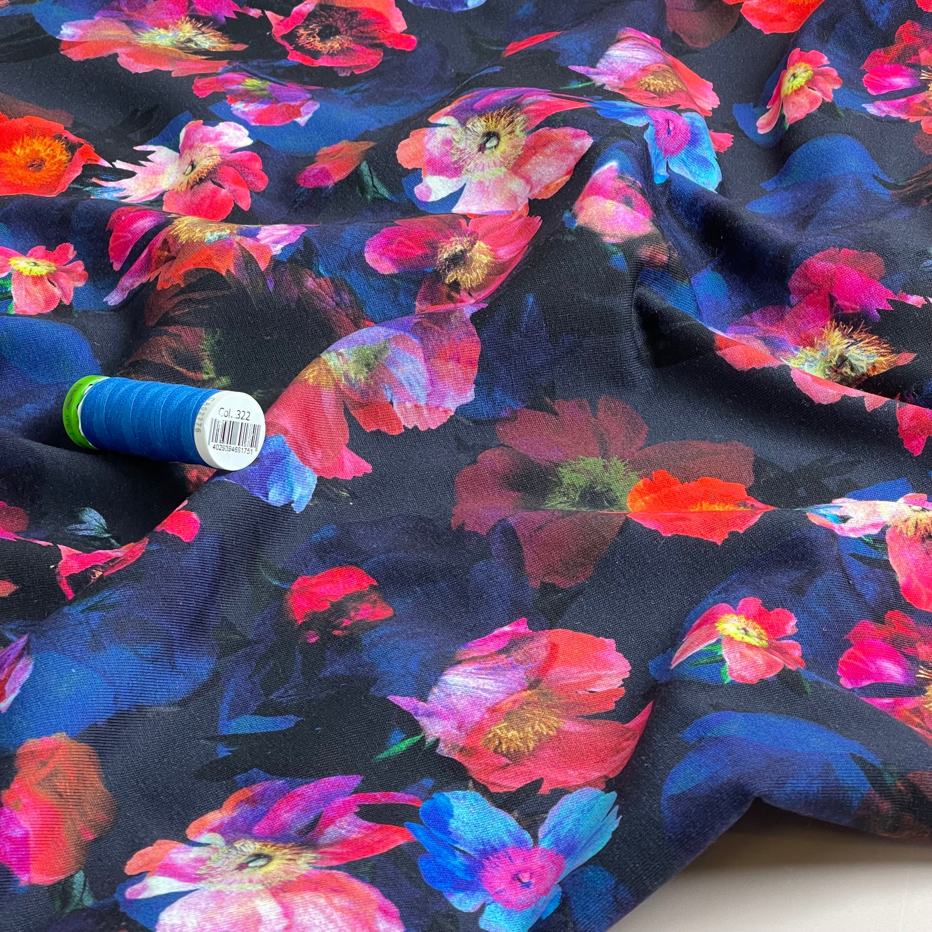 Winter Flowers Dark Navy Cotton Sweat-shirting Fabric