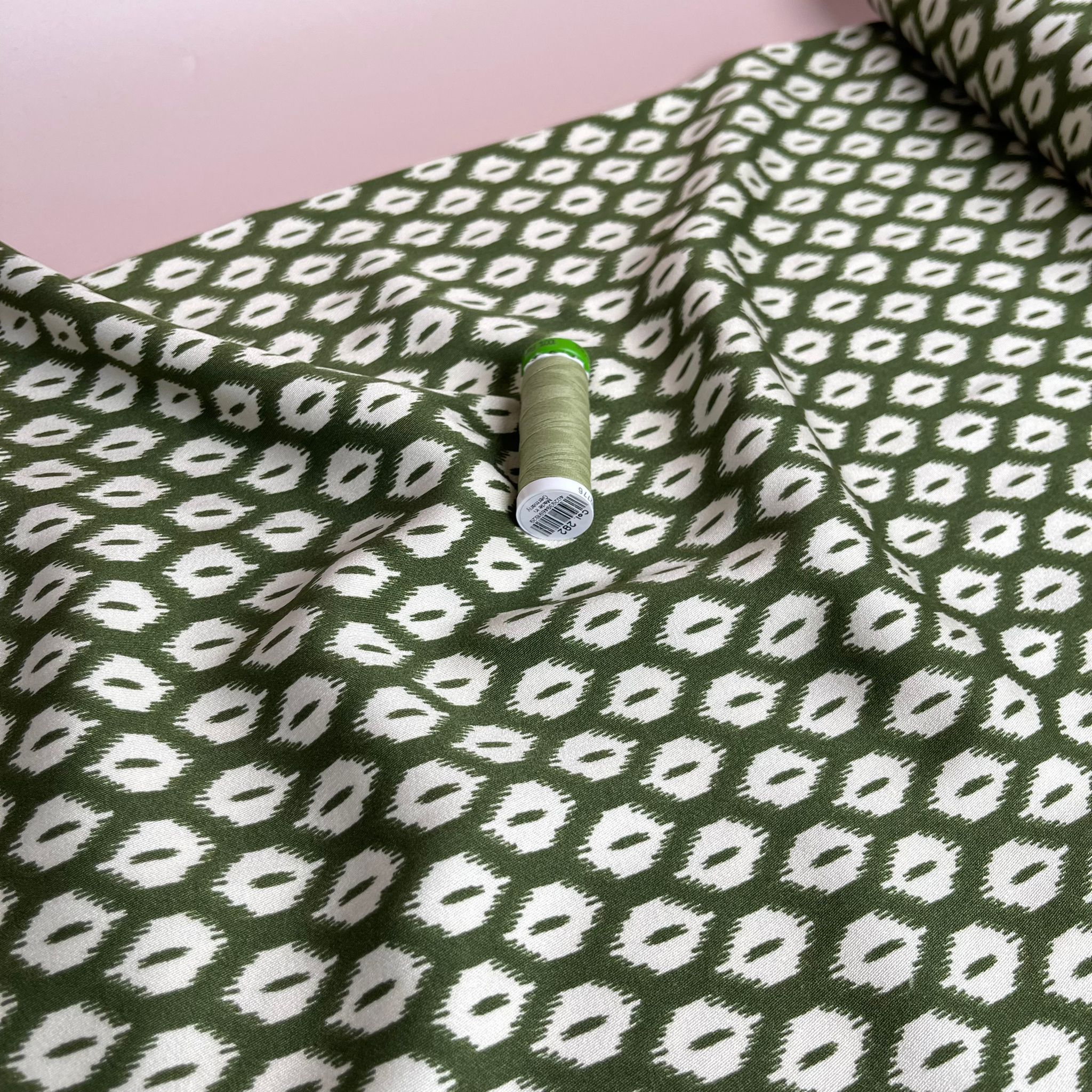 Abstract Rhombus on Olive Viscose Twill Sateen Fabric