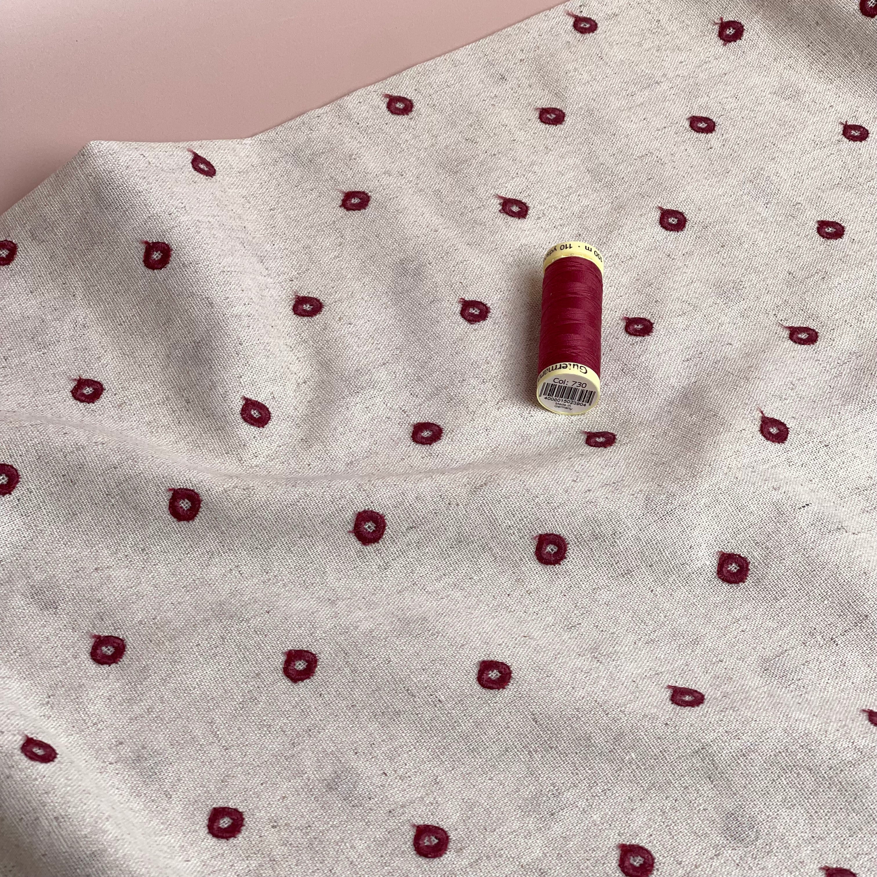 Embroidered Berry Circles on Natural Viscose Linen Blend Fabric